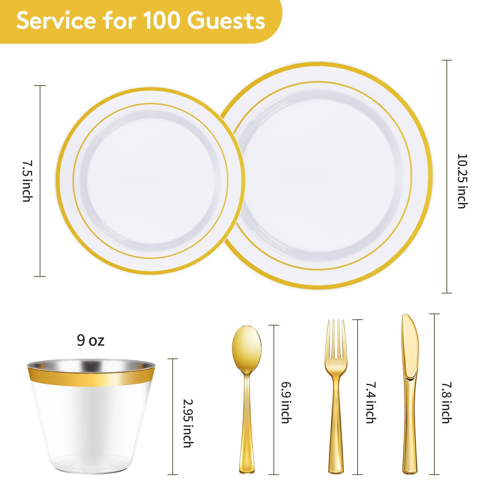 Goodluck 600 Pieces Gold Disposable Plates for 100 Guests, Plastic Plates for Party, Dinnerware Set of 100 Dinner and 100 Dessert Plates, 100 Spoons, 100 Forks, 100 Knives, 100 Cups - Image 3