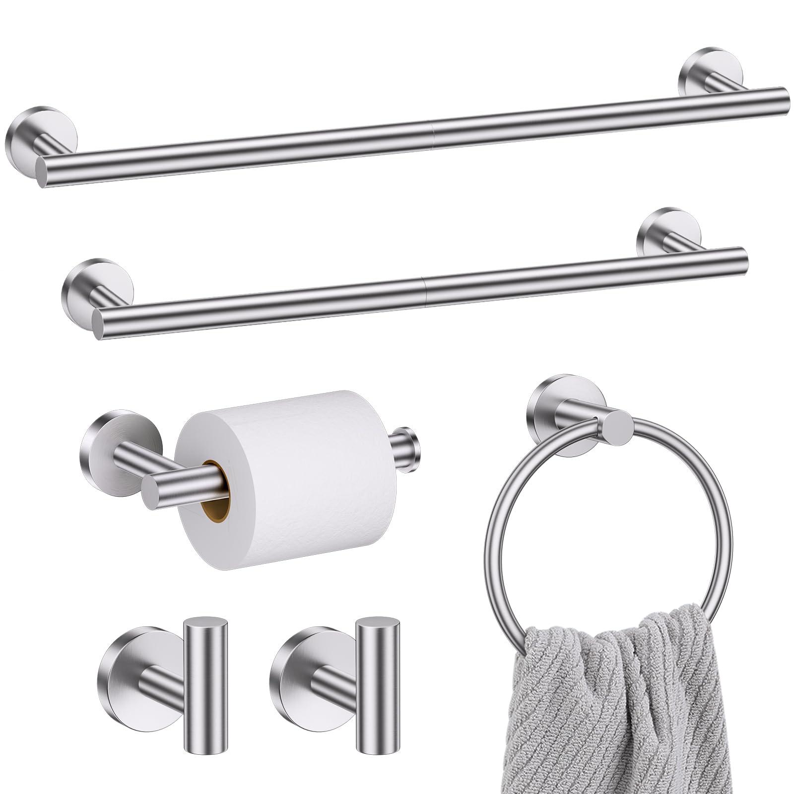 Bathroom Hardware Set, 6-Piece Towel Bar Set Brushed Nickel Towel Holder Set Includes 19.68/23.6 in Towel Bar,Toilet Paper Holder,Towel Ring and Towel Hook Wall Mount Bathroom Accessories Set