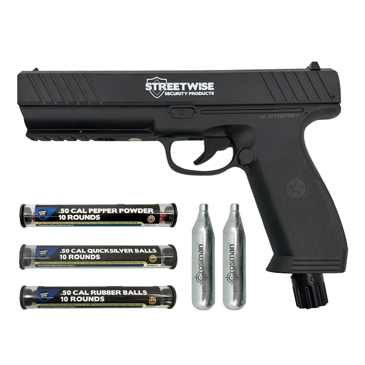 Streetwise Heat .50 Caliber Defense Launcher, Kinetic Impact Ball Gun - Self Defense Pistol Includes 10 Rubber Balls, 10 Quicksilver Metal Composite Rounds, & 2 CO2 Canisters