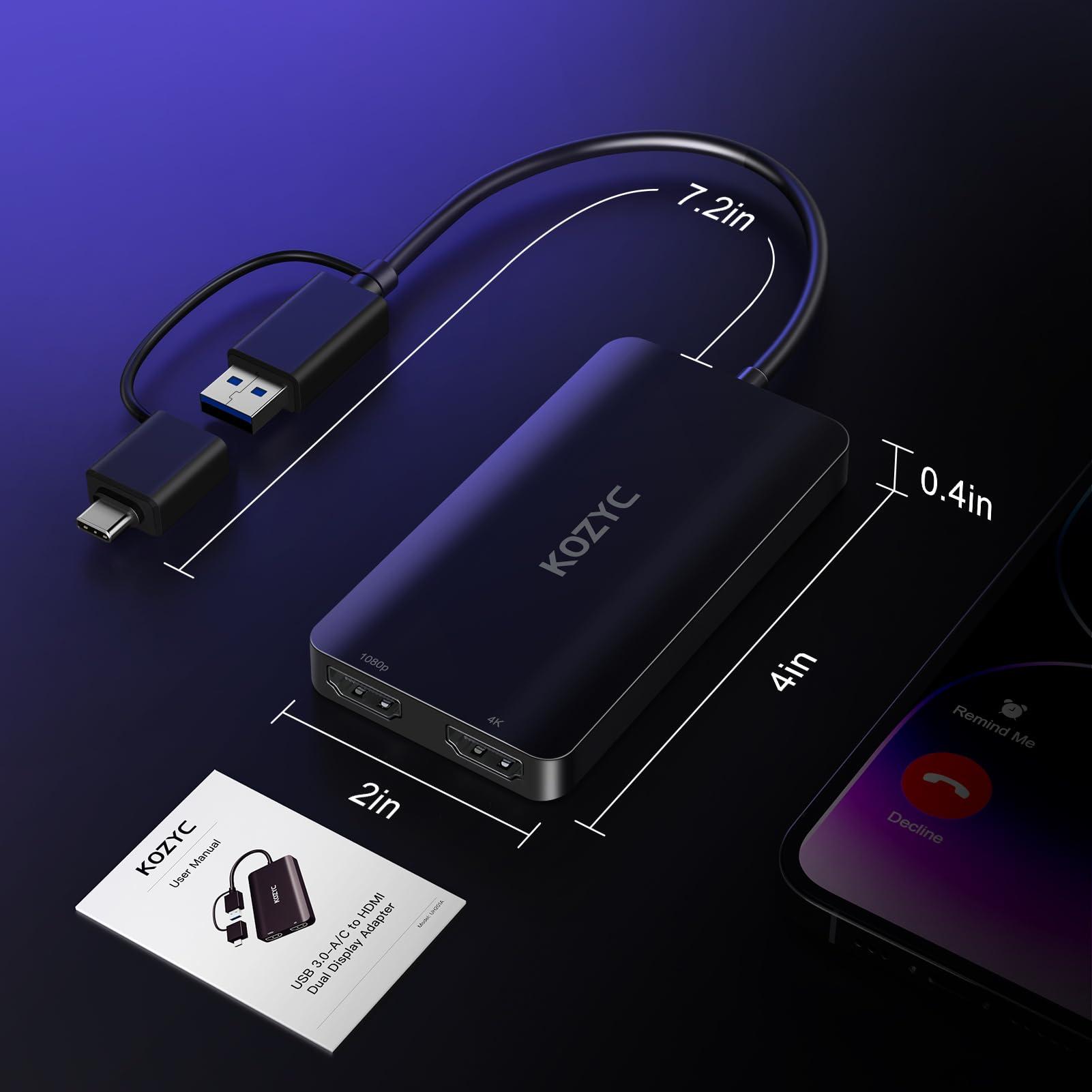 KOZYC USB 3.0 to HDMI Splitter Extended Display Dual Monitors, USB 3.0-A/C to Dual HDMI Adapter 4K@30Hz+1080p@60Hz Compatible MacBook/MacBook Pro Air Dell (MST Support MacOS/Windows) - Image 7