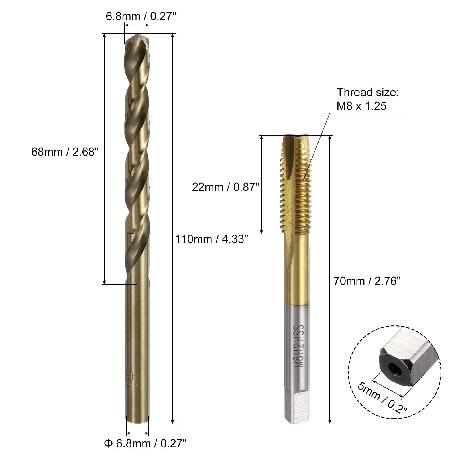 uxcell Metric Tap & Drill Bit Set, 2pcs M8 x 1.25 Spiral Point Thread Taps Titanium Coated and 2pcs 6.8mm Twist Drill Bits Roasted Yellow, Screw Tapping Threading Tools - Image 2