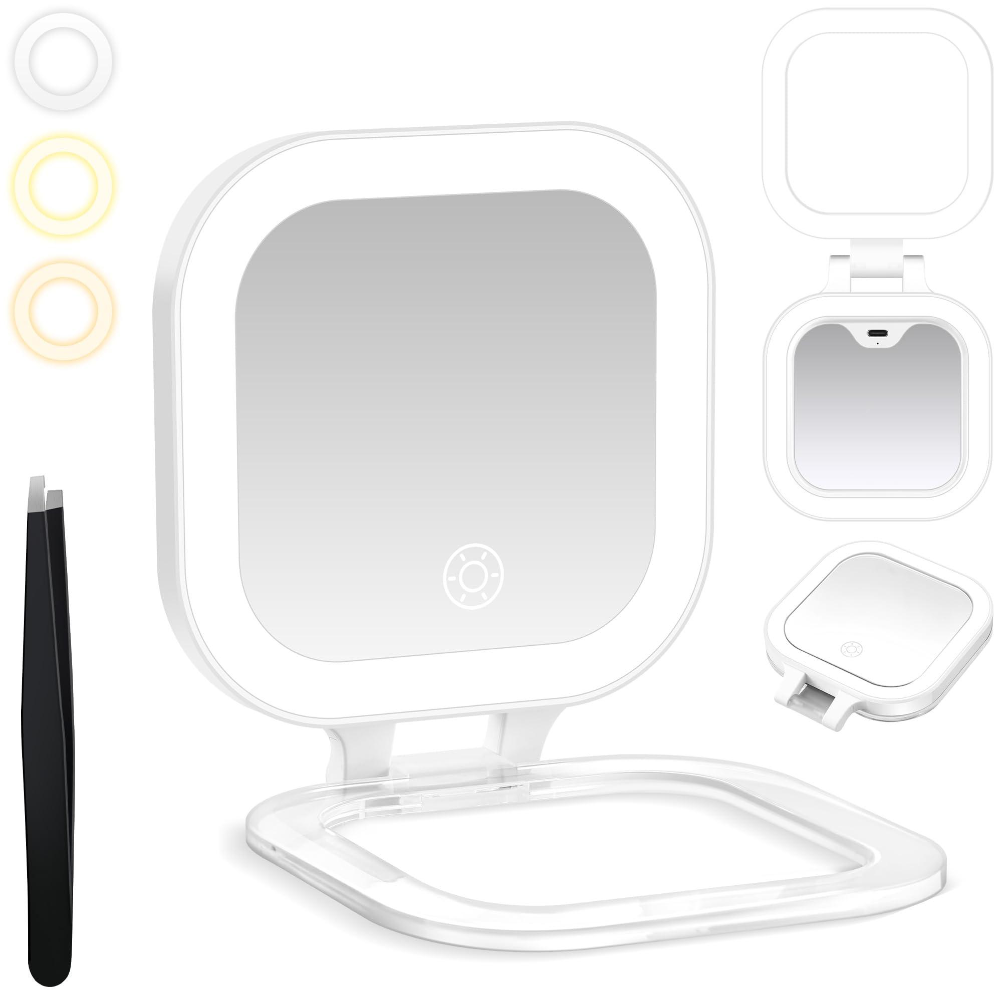 GOMIPURU Travel Mirror with Light, 1x/30x Magnifying Mirror with 3 Color Lights and Adjustable Brightness, 4.5x3.9 inch Small Compact Hangable Hand Pocket 3 Way Mirror, Comes with Tweezer