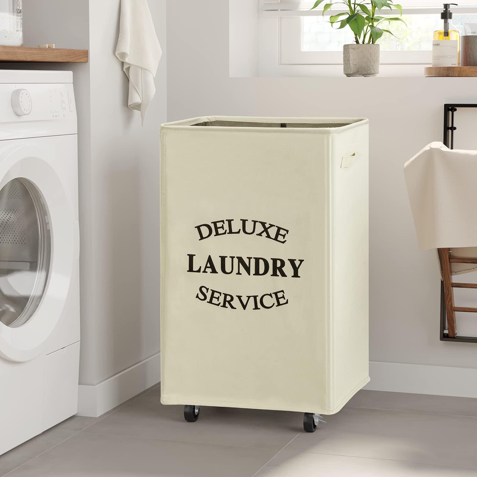 WOWLIVE Large Rolling Laundry Basket Wheels 90L Collapsible Tall Laundry Hamper Handle Foldable Dirty Clothing Basket Fold up Rectangular Hampers for Laundry Dorm Room (Beige) - Image 4