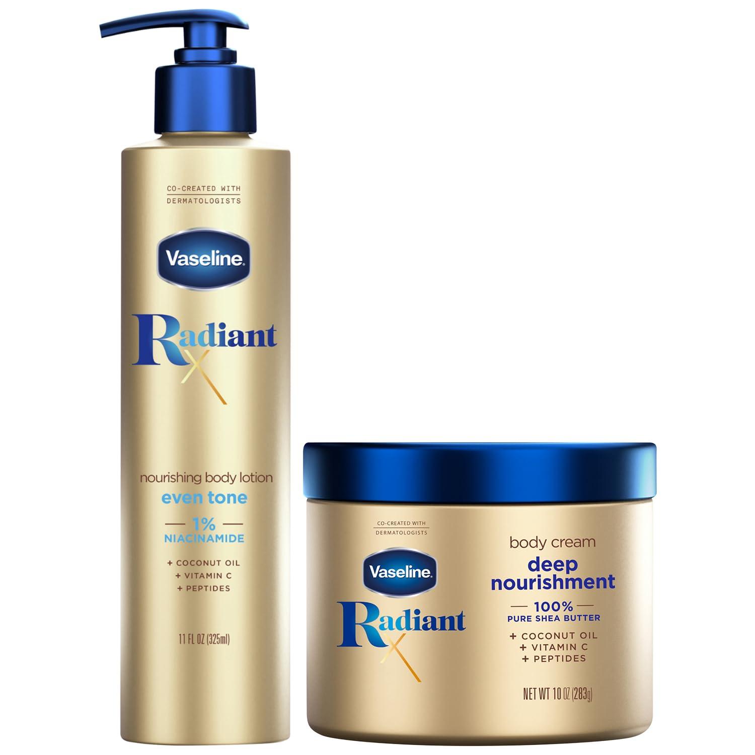 Vaseline Radiant X Skin Care Set – Even Tone Nourishing Body Lotion with 1% Niacinamide + Deep Nourishment Body Cream with Shea Butter & Vitamin C (2 Piece Set)