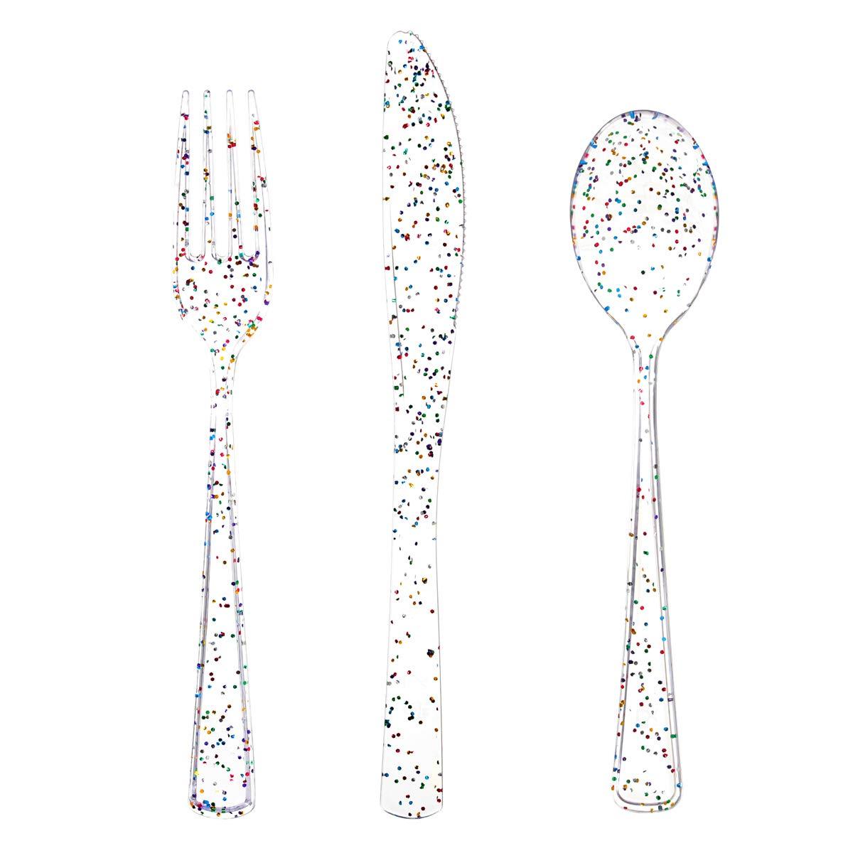 Supernal 360pcs Clear Plastic Silverware, Glitter Disposable Cutlery with Colorful Design,120 Forks,120 Knives,120 Spoons,Perfect for Parties Birthday