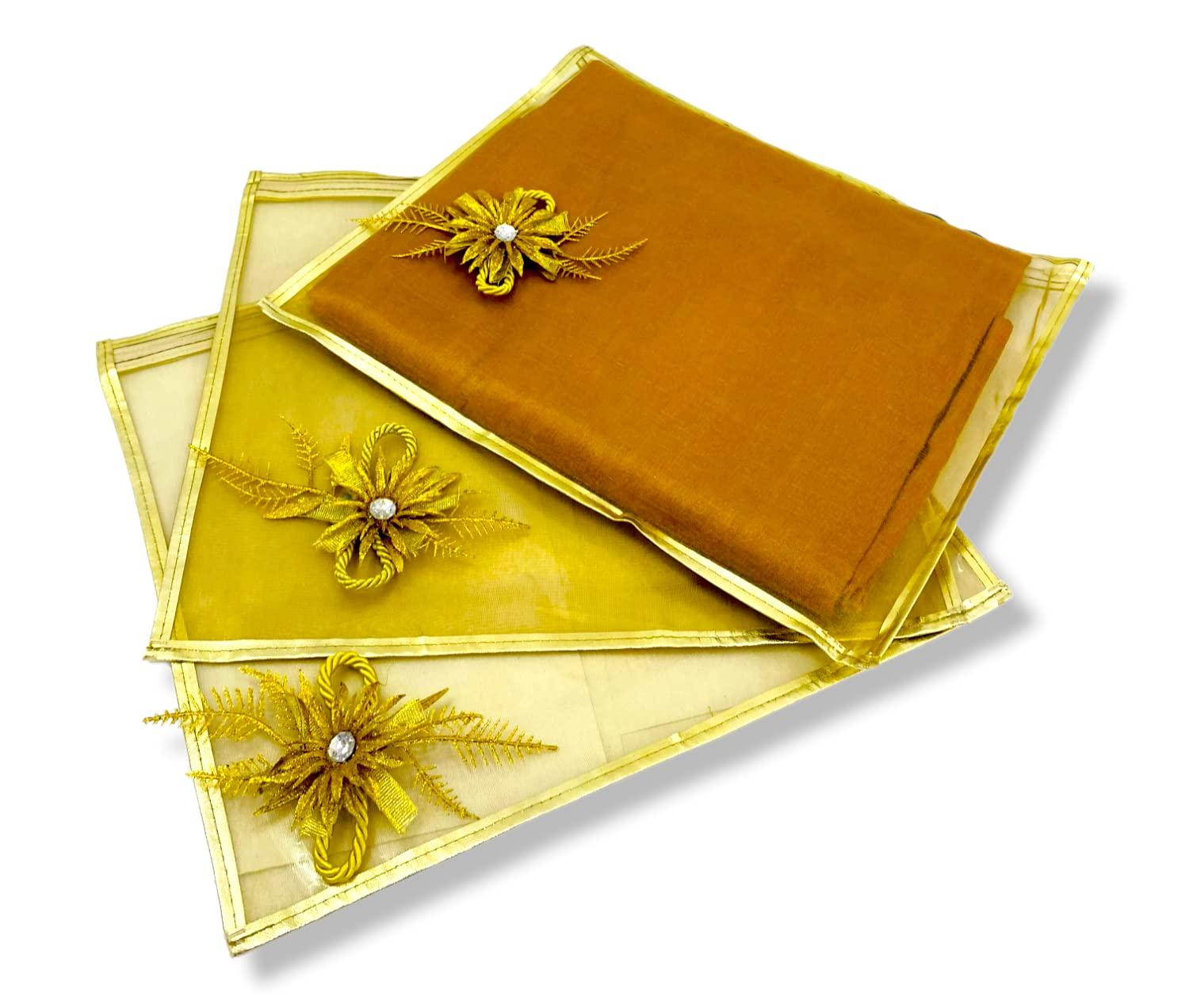 RAAHII Polyvinyl Chloride Wedding Gifting 5 Piece Single Saree/Suit Packing Sari Cover/Saree Pouch Bag With Zip Organizer For Wardrobe Storage Or Gifting,43 Cm,1 Cm,Gold - Image 6