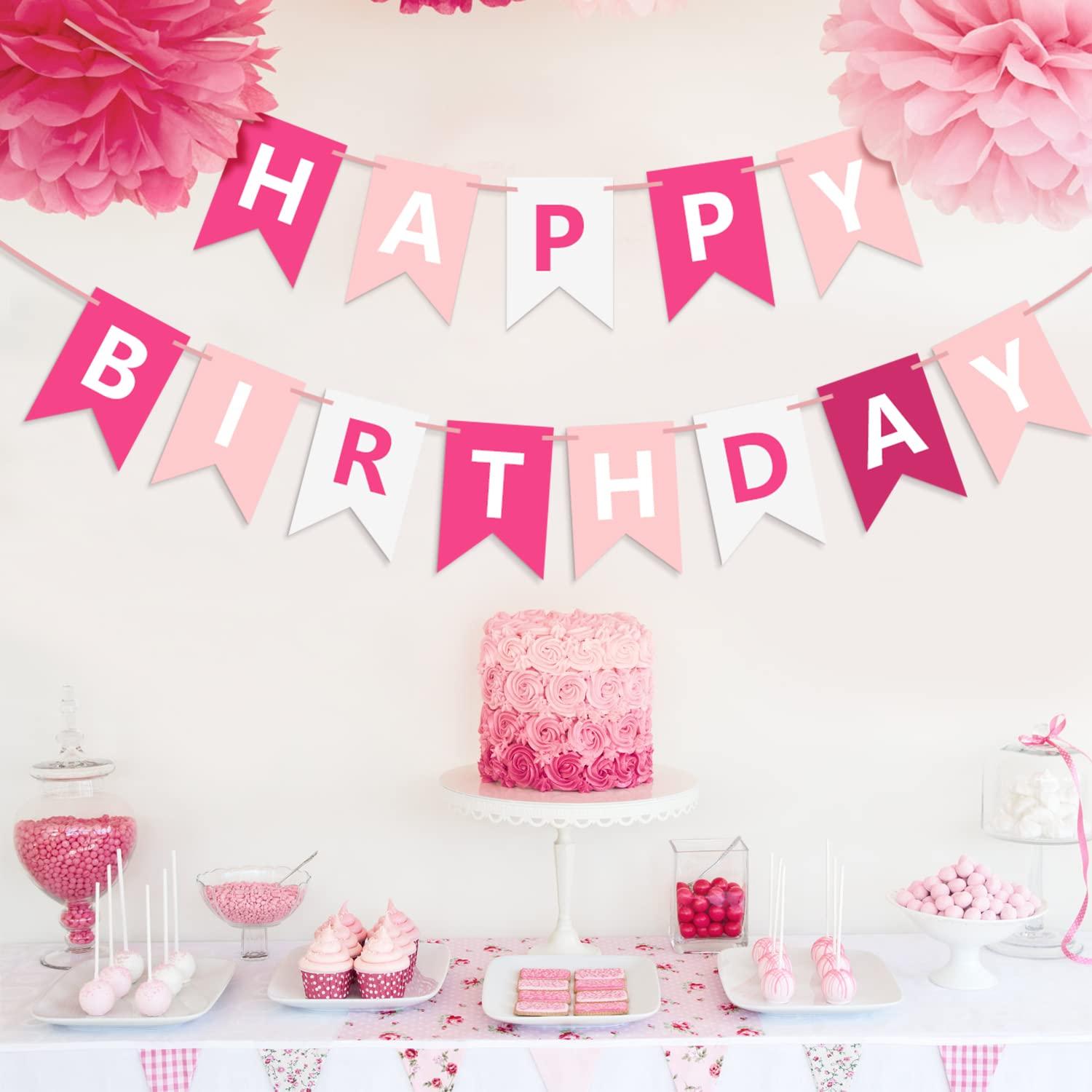 Waenerec Pink Happy Birthday Banner Sign Happy Birthday Bunting Banner Garland for Kids Girls Baby 1st Birthday Tea Party Decorations Bunting Flag Birthday Party Supplies - Image 2