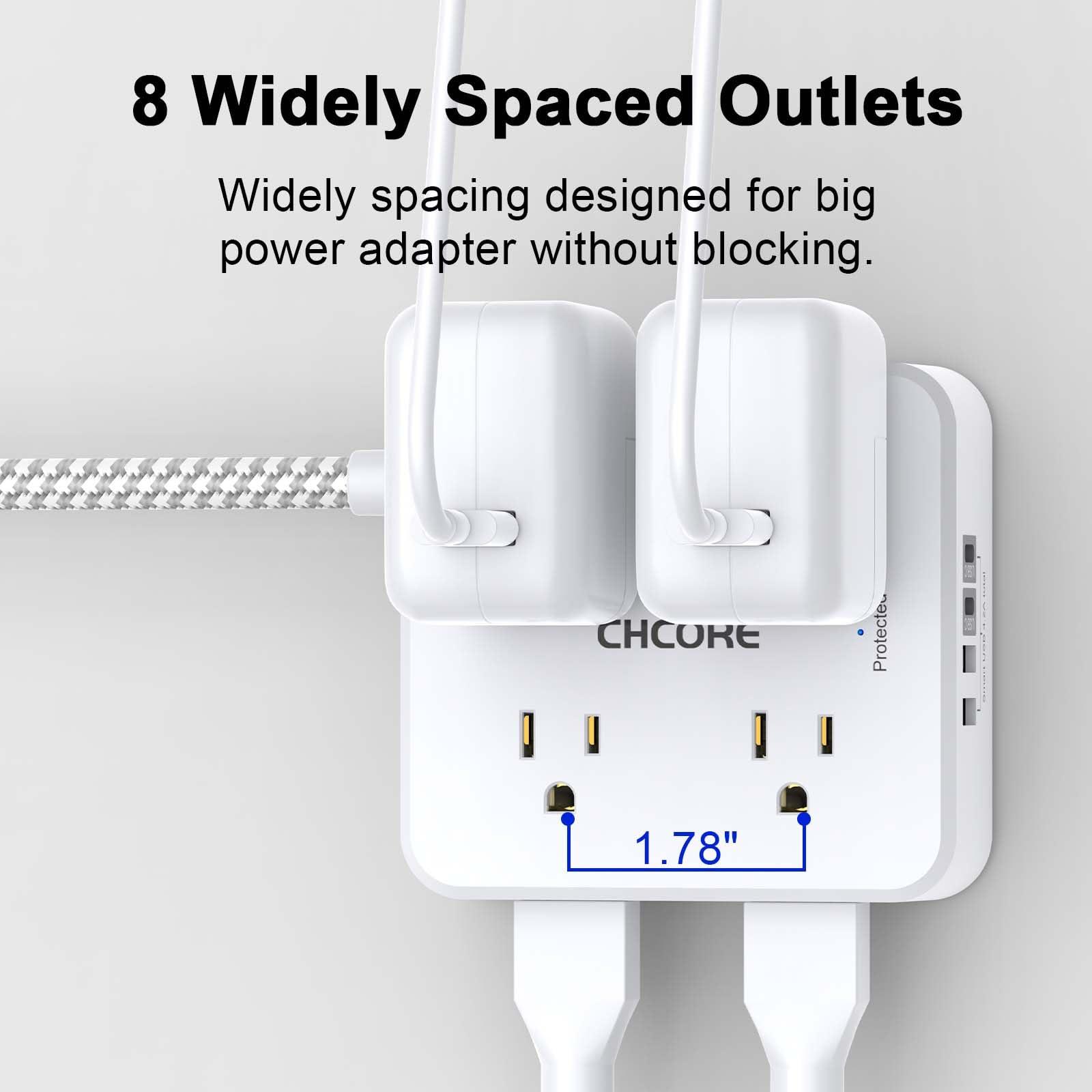 Surge Protector Power Strip - CHCORE 5Ft Braided Extension Cord with 8 Outlets with 4 USB (2 USB C) Charging Ports, Flat Plug Multi Plug Outlet Extender Charging Station for Home Office, ETL, White - Image 4