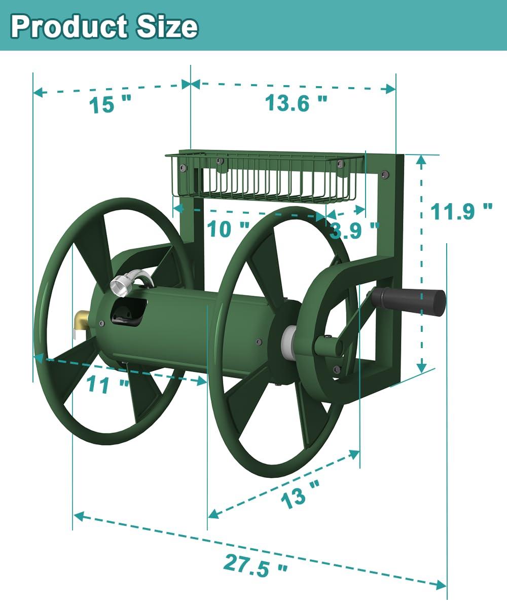 Artigarden Garden Wall Mounted Hose Reel, Outdoor Heavy-Duty Water Hose Holder Winder, Holds 125 Feet of 5/8-Inch Hose, with 3.9 ft Leader Hose, Brass Fitting and Storage Basket for Yard, Green - Image 2