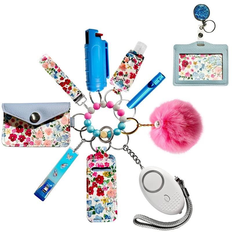 Auxu Keychain Set for Women and Girls Includes Beaded Wristlet, Pom Pom, Credit Card Puller and Personal Alarm