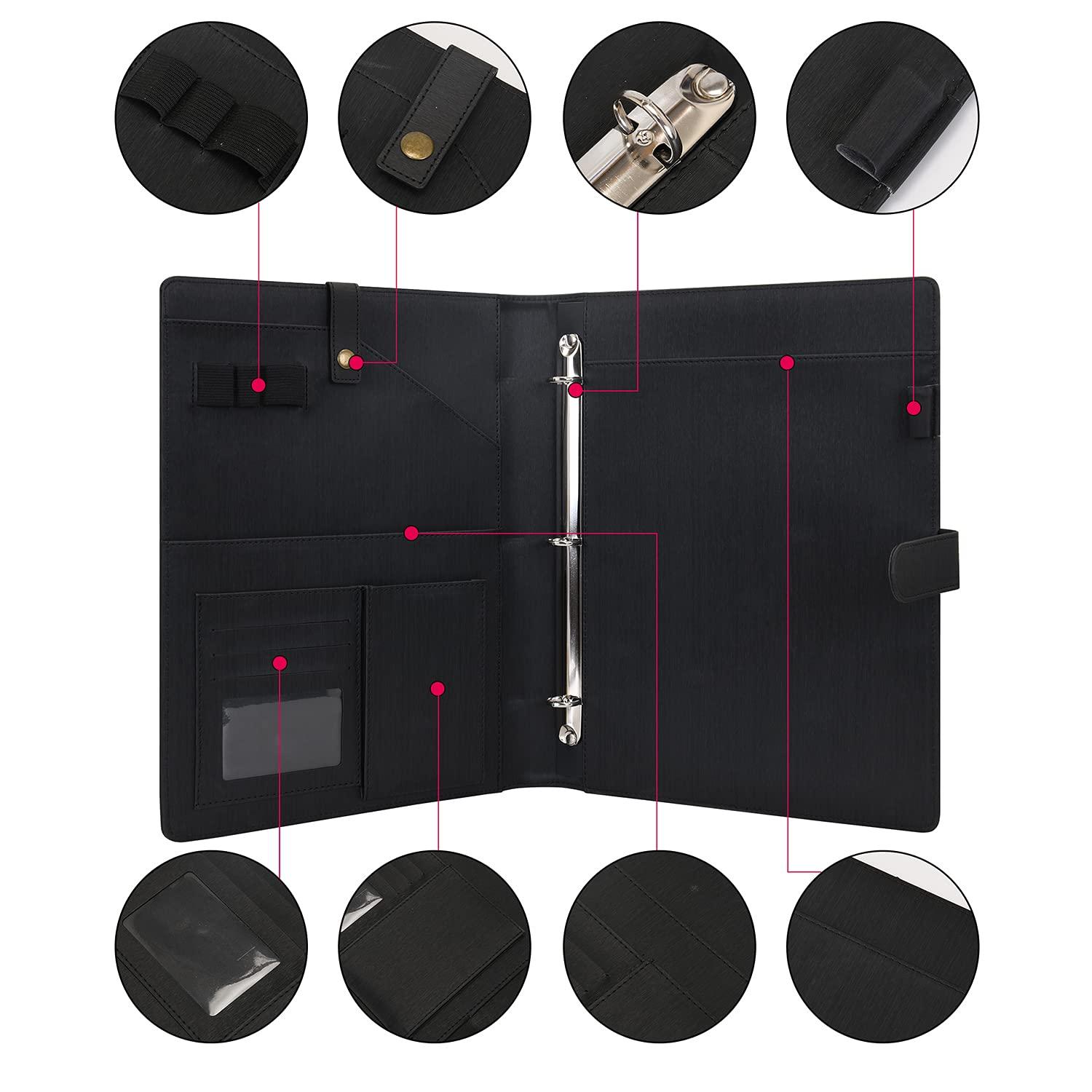 Wonderpool A4 PU Leather Portfolio Holder Ring File Document Case with Removable Binder Clipboard, Multi Pocket and Legal Pad for Business Organizer Interview and Meeting (Black) - Image 4