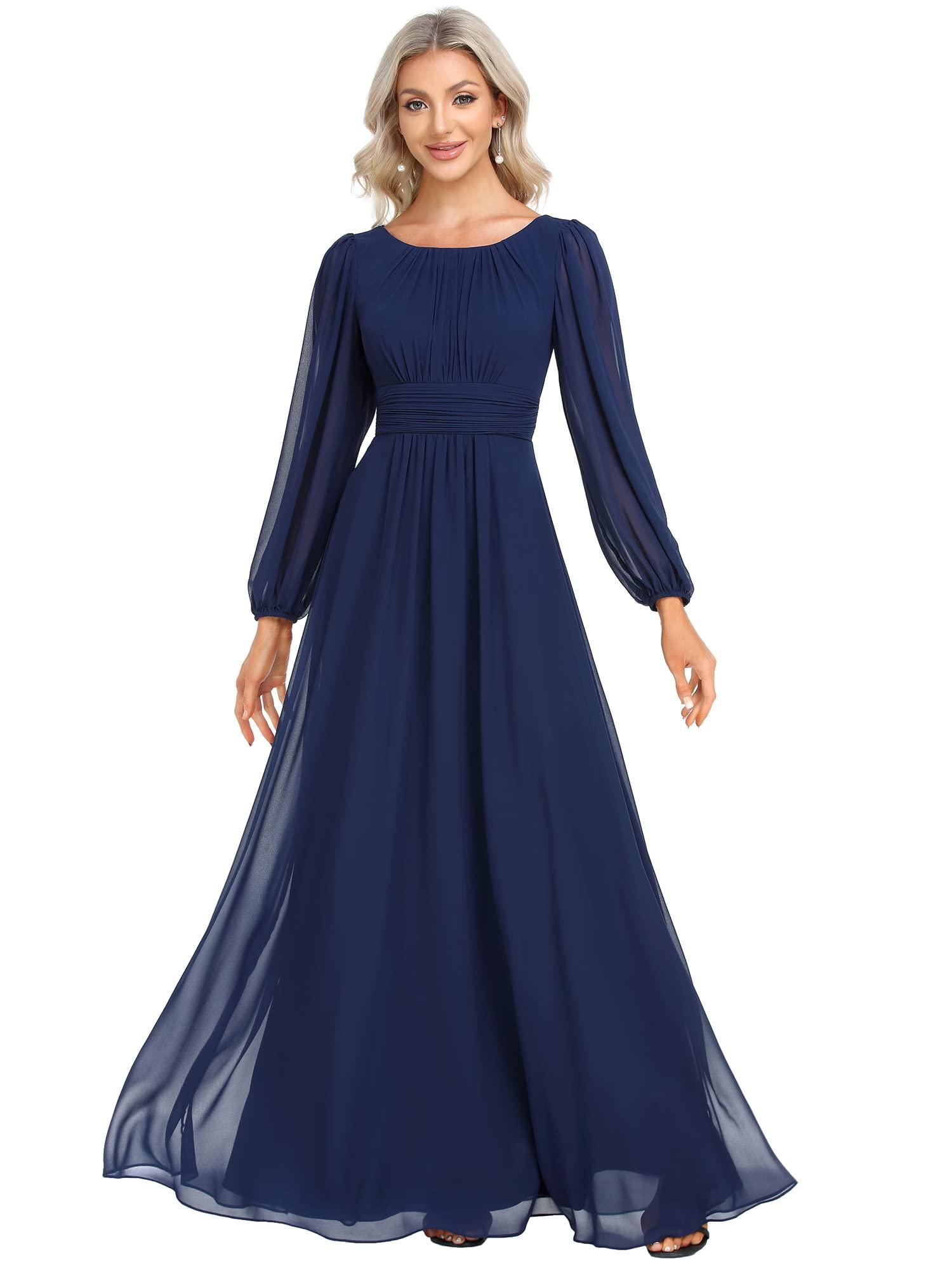 Ever-Pretty Women's Crewneck Long Lantern Sleeves Floor Length A-Line Pleated Chiffon Formal Dress 0106B