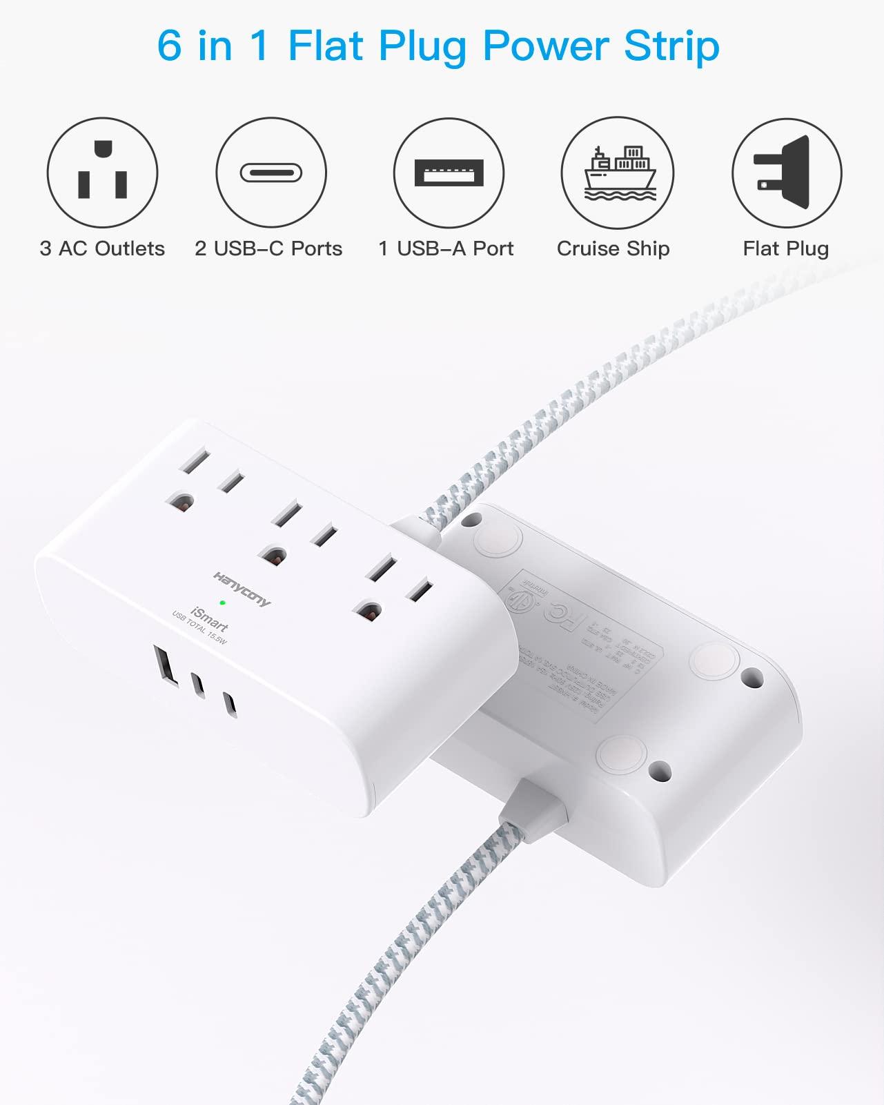 Flat Extension Cord 10 Ft, HANYCONY Ultra Thin Flat Plug Power Strip, 3 Outlets 3 USB Ports(2 USB C) Desk Charging Station, Power Strip with No Surge Protector for Cruise Ship Dorm Room Essentials - Image 7