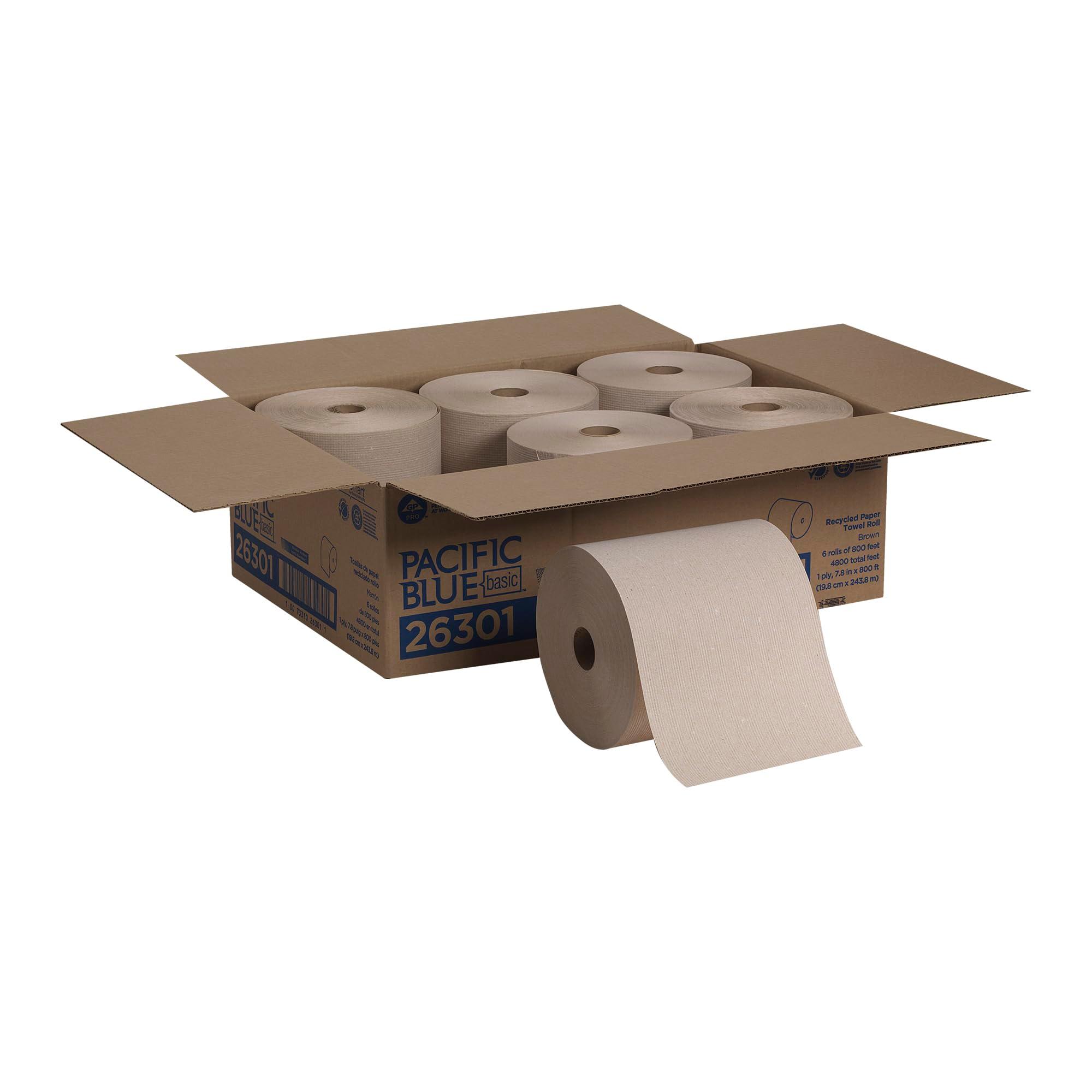 Pacific Blue Basic Recycled Hardwound Paper Towel Rolls by GP PRO (Georgia-Pacific), Brown, 26301, 800 Feet Per Roll, 6 Rolls Per Case