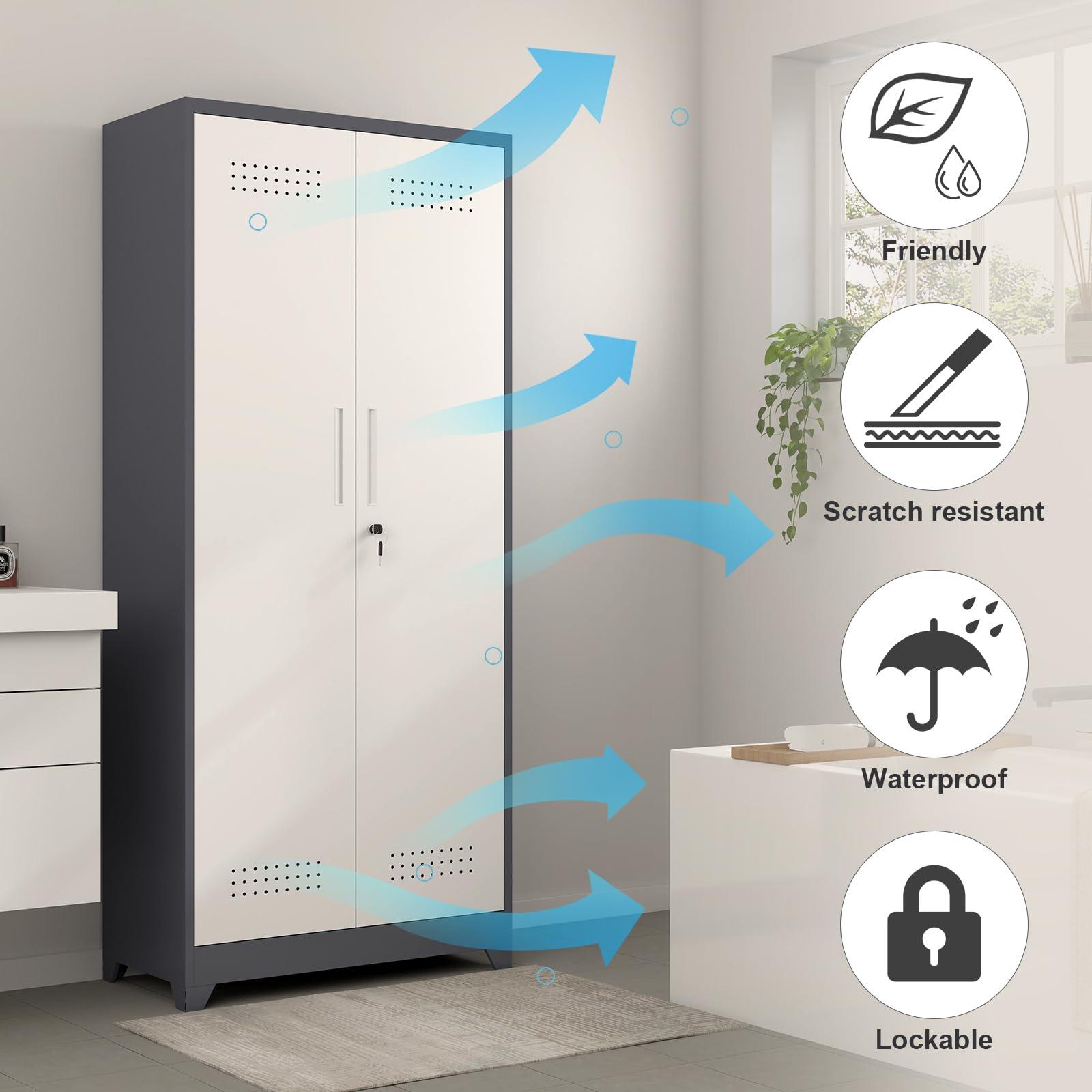 GREATMEET 72.8" H Utility Closet, Broom Closet Storage Cabinet with Adjustable Shelves and Pegboard, Utility Cabinet for Brooms and Mops, Grey-White - Image 4