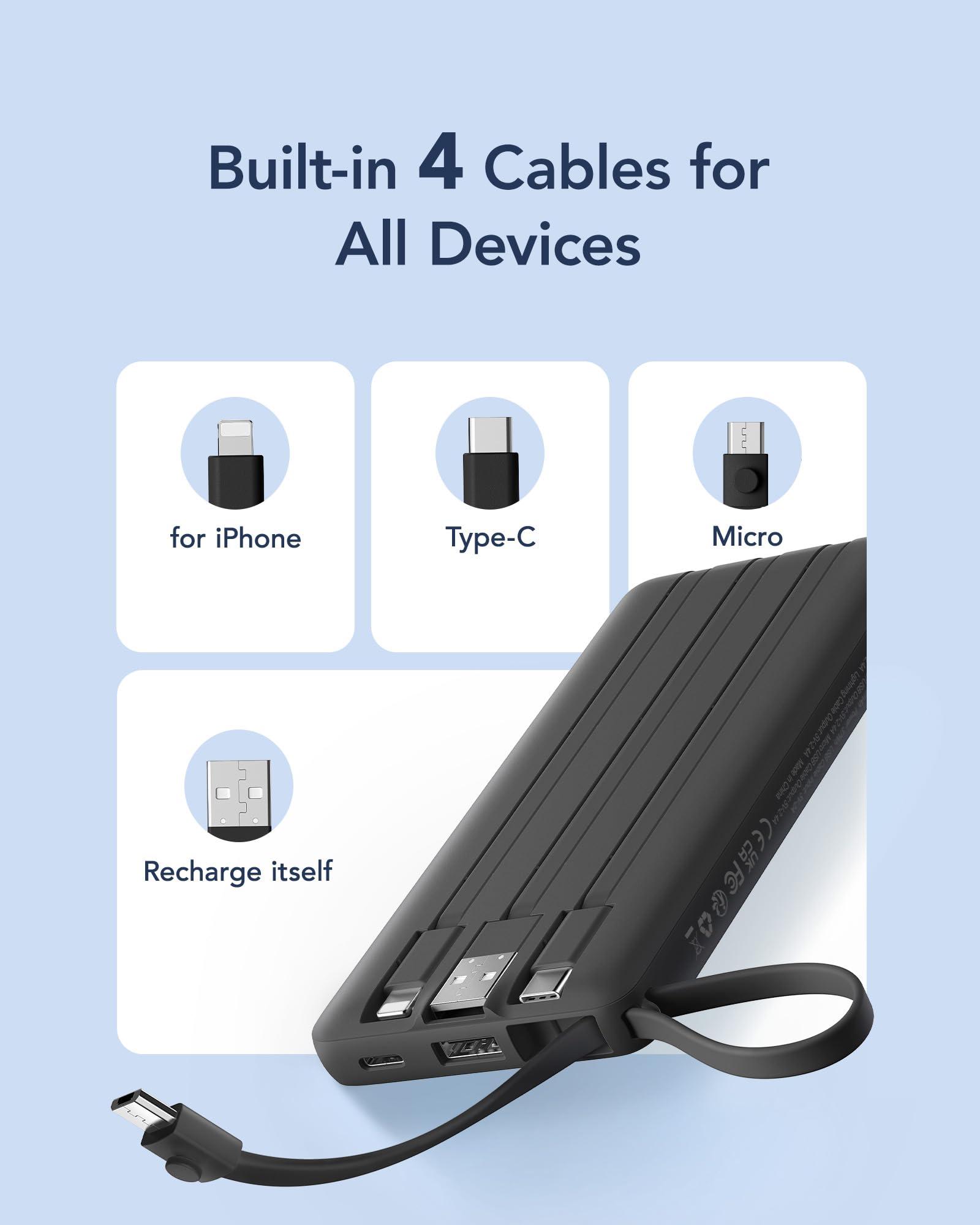 VRURC Portable Charger with Built in Cables, 10000mAh Travel Essentials Power Bank, 5 Output 2 Input LED Display External Battery Pack Compatible with iPhone,Samsung,Android-Black(1 Pack) - Image 2