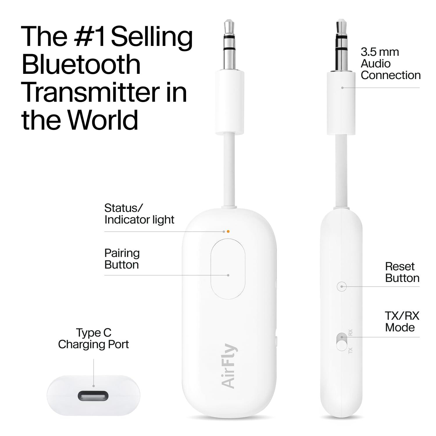 Twelve South AirFly Pro | Bluetooth Wireless Transmitter/Receiver Adapter for 2 Headphones, Audio Sharing, Compatible with 3.5mm aux Jack for Airplanes, TV, Gym, Stereo, and Travel, 25+ Hr Battery - Image 3