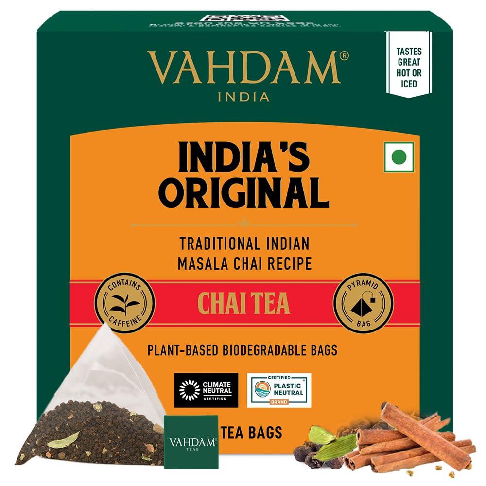 VAHDAM, India's Original Masala Chai Tea Bags (15 Count) Non GMO, Gluten Free, No Added Flavoring | Blended w/Savory Exotic Spices | Individually Wrapped Pyramid Tea Bags | Direct from Source