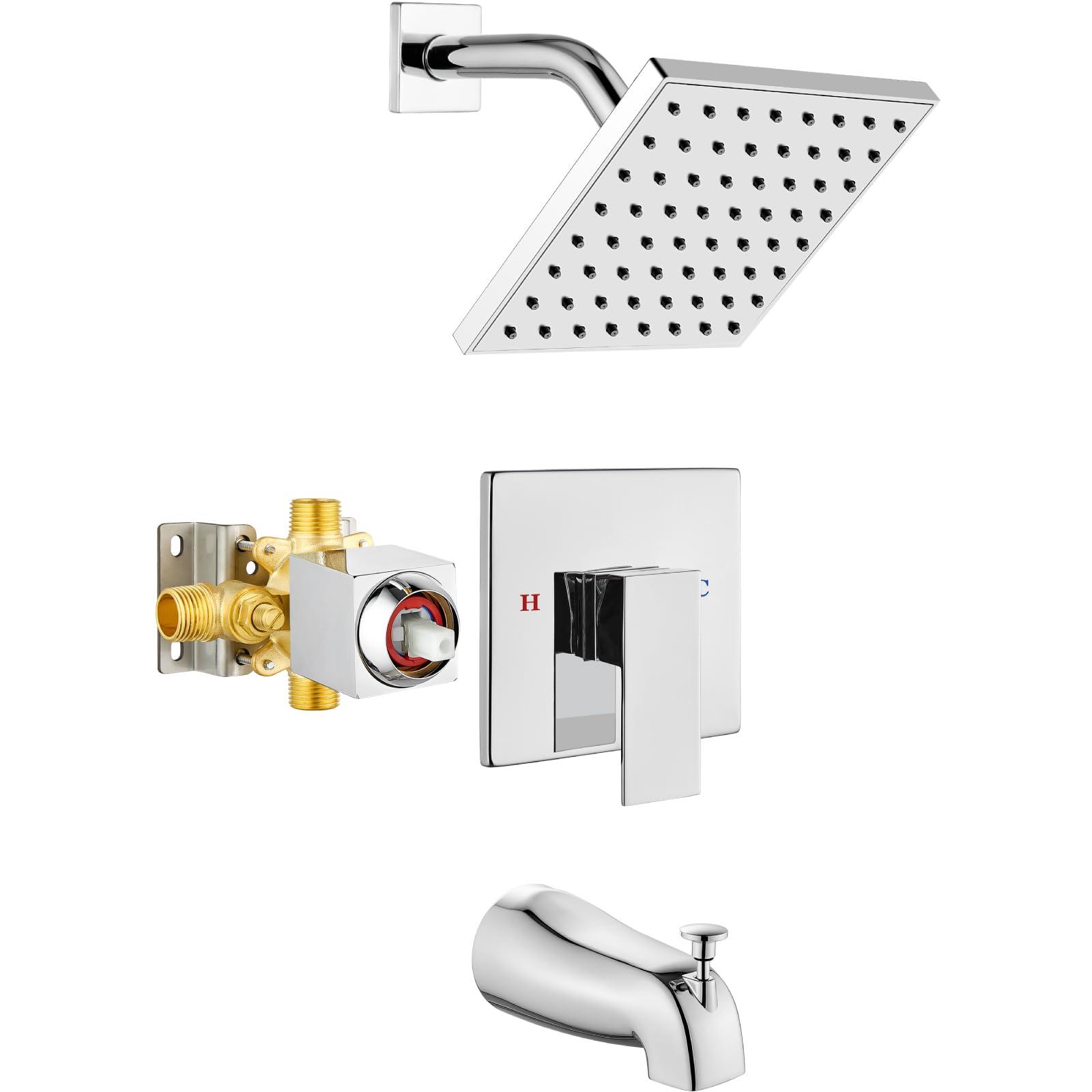 Heyalan Bathtub Shower Faucet Set,6 Inch Square Shower Trim Kit Single Handle Shower System,Showerhead and Handle Set Male Thread Pressure Balance Valve,With Tub Spout,Polished Chrome