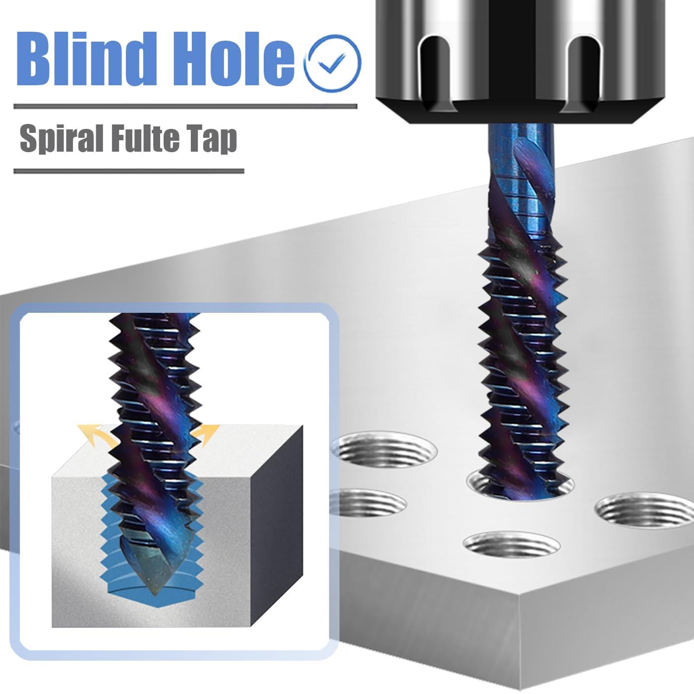 Mesee 6 Pieces Spiral Flute Tap Set SAE Size Nano Blue Coated HSS Machine Screw Taps 6-32NC 8-32NC 10-24NC 10-32NC 12-24NC 1/4-20NC Screw Threading Tap Drill Bits Thread Tapping Tool - Image 4