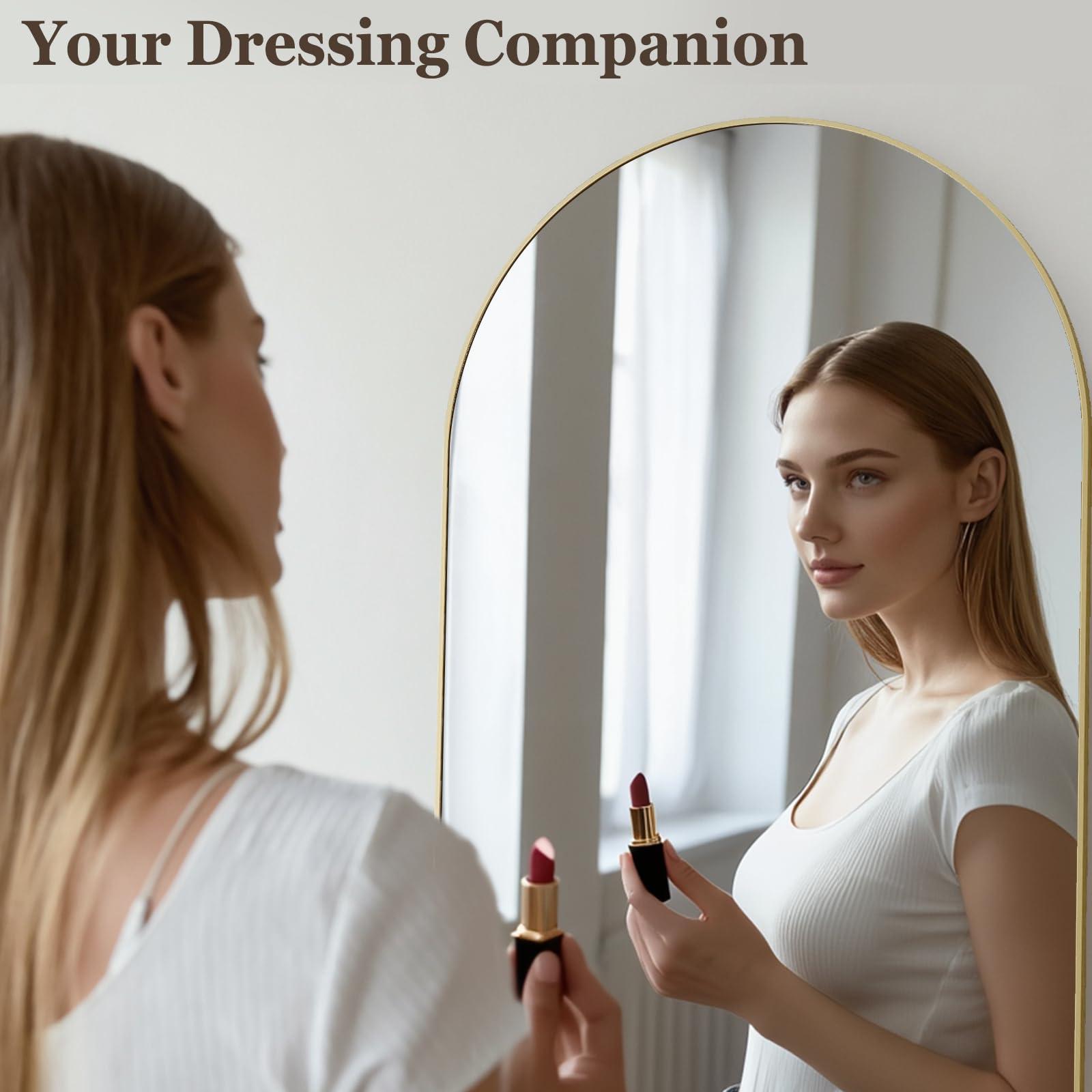 HARRITPURE 64"x21" Arched Full Length Mirror Free Standing Leaning Hanging Mounted Mirror Aluminum Frame Modern Simple Home Decor for Living Room Bedroom Cloakroom, Gold - Image 3
