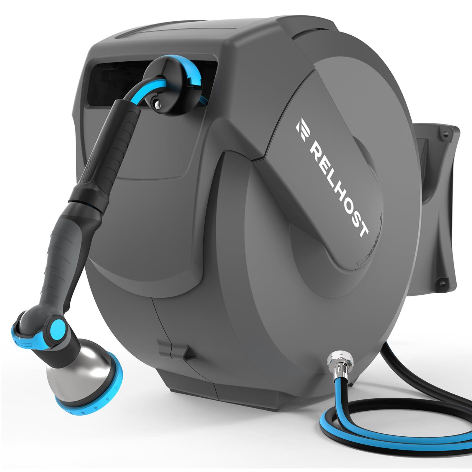 Relhost Retractable Garden Hose Reel 100 ft x 1/2 in, Heavy Duty Hose Reel Wall Mount with Any Length Lock, Auto Rewind System, 180° Swivel Bracket, 10-Pattern Garden Hose Nozzle, Dark Grey