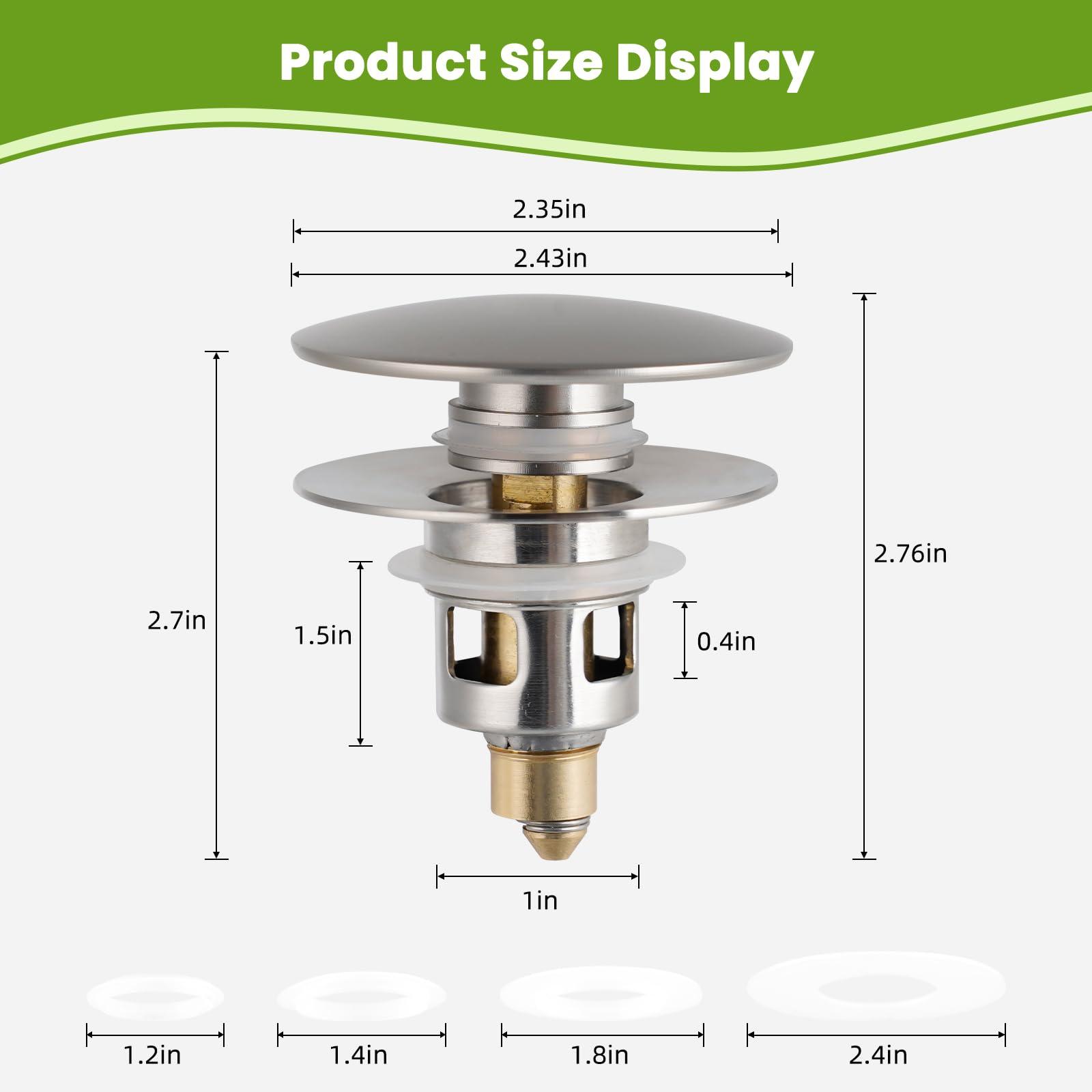 Hygie Rinse Universal Bathroom Sink Stopper All Metal 2 in 1 Pop Up Basin Sink Drain Strainer for 1.1~2.3 Inch US Standard Sink Drain Strainer with Hair Catcher, Anti-Clog, Brushed Nickel - Image 2