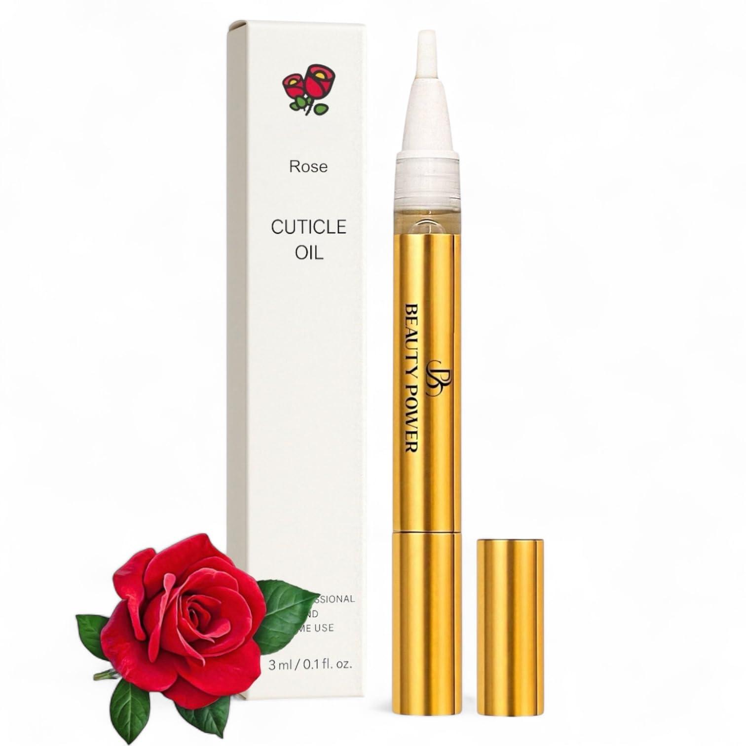 Beauty Power Nail Oil Cuticle Pen - Rose – Nail Strengthener & Growth Serum with Vitamin A, D, E, B5, Grapeseed & Natural Oils – Repair for Brittle, Peeling, Thin Nails – Twist Brush Pen
