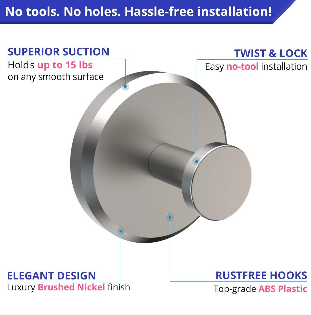 HOME SO Suction Cup Hooks for Shower, Bathroom, Kitchen, Glass Door, Mirror, Tile – Loofah, Towel, Coat, Bath Robe for Hanging up to 15 lbs – Polished Matte Chrome, Brushed Nickel (2-pack) - Image 5