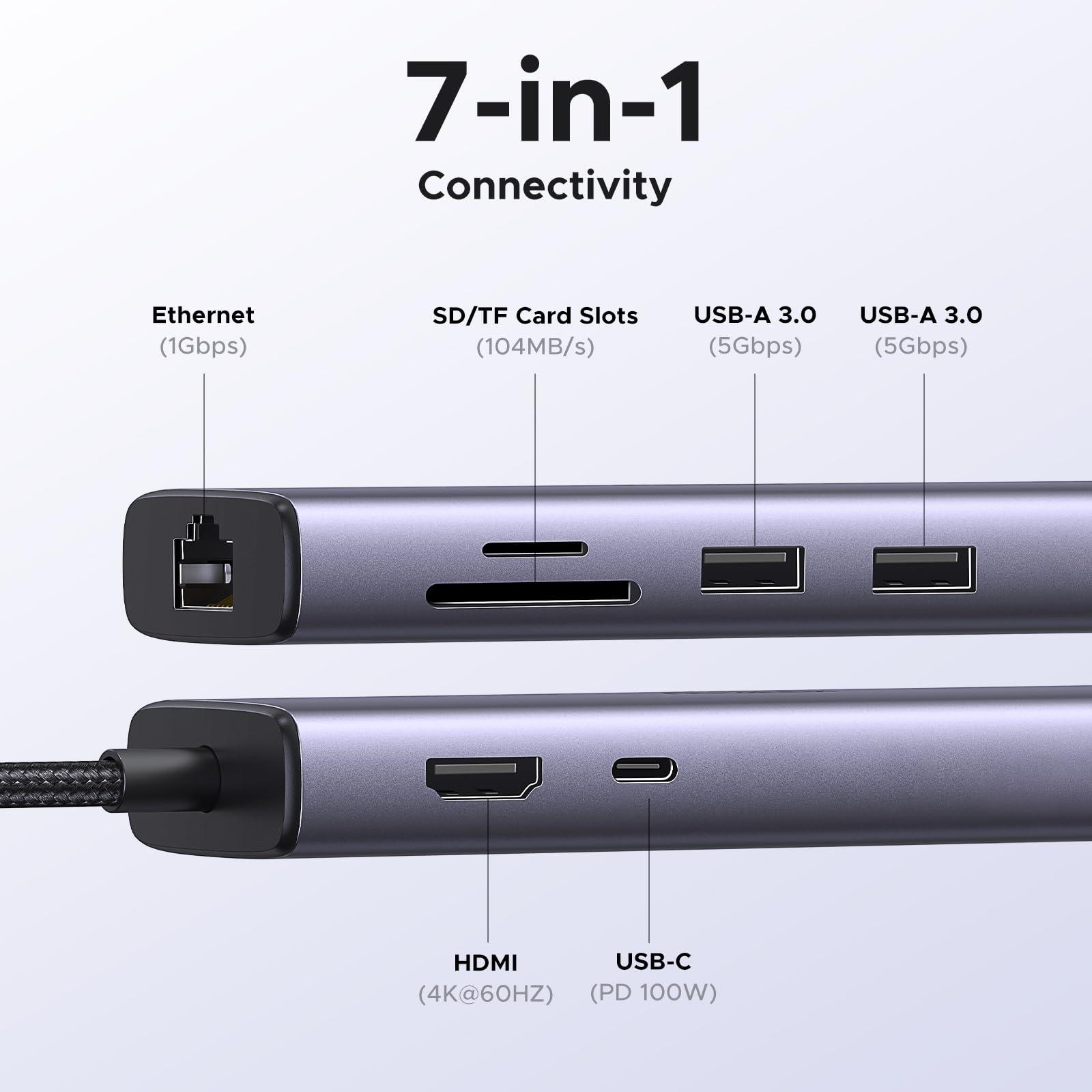 UGREEN Revodok 7 in 1 USB C Hub Gigabit Ethernet Adapter 4K@60Hz HDMI, 100W PD Charging, USB A Data Ports, SD/TF Card Reader Compatible with Mac M1, M2, M3, iPad, iPhone 15 Pro/Pro Max, Steam Deck - Image 2