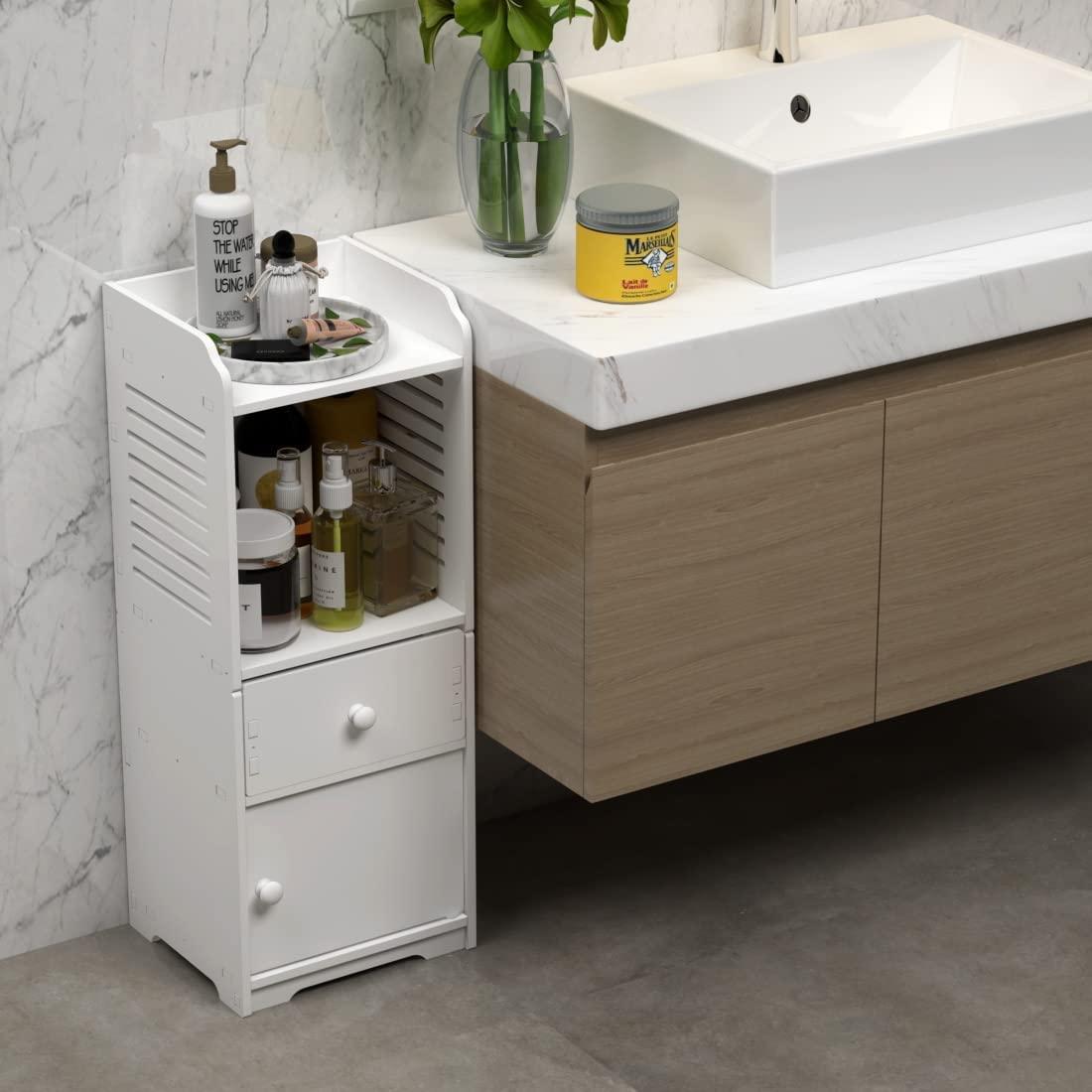 Rerii Bathroom Storage Cabinet, Small Floor Bathroom Organizer Free Standing, Side Toilet Cabinet with Drawer and Door, White - Image 6