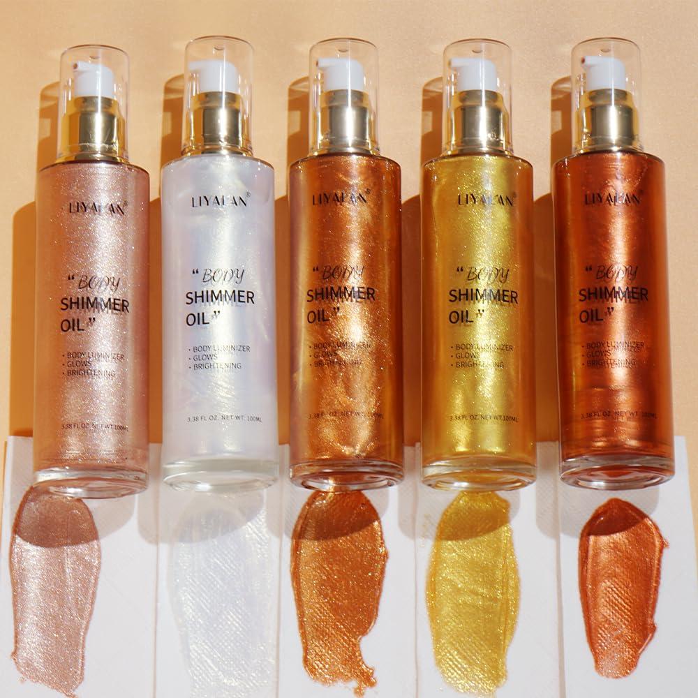 Liyalan Shimmer Body Oil Bronze Gold 5 Color Bronze 3.38 Fl Oz Face Glow Pearl Highlighter Illuminator body Makeup Shine Glitter Gold Liquid Taning - Image 6