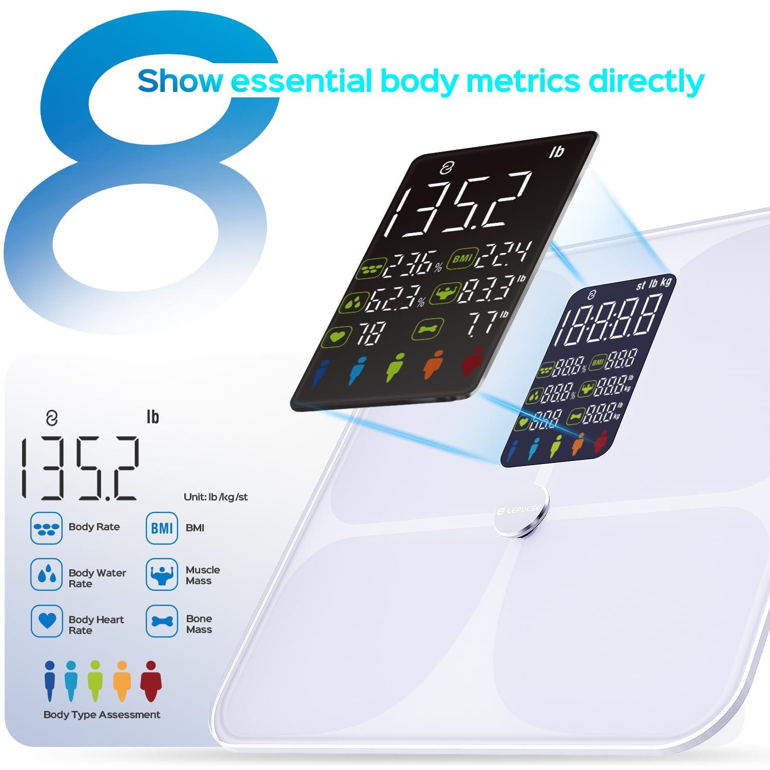 Lepulse Body Fat Scale for Body Weight, 4.68” Large Display with Trend Smart Weight Scale with BMI, Body Fat, Muscle Mass, Heart Rate, Upgraded 20 Body Composition Scale with App, Bathroom Scale White - Image 3