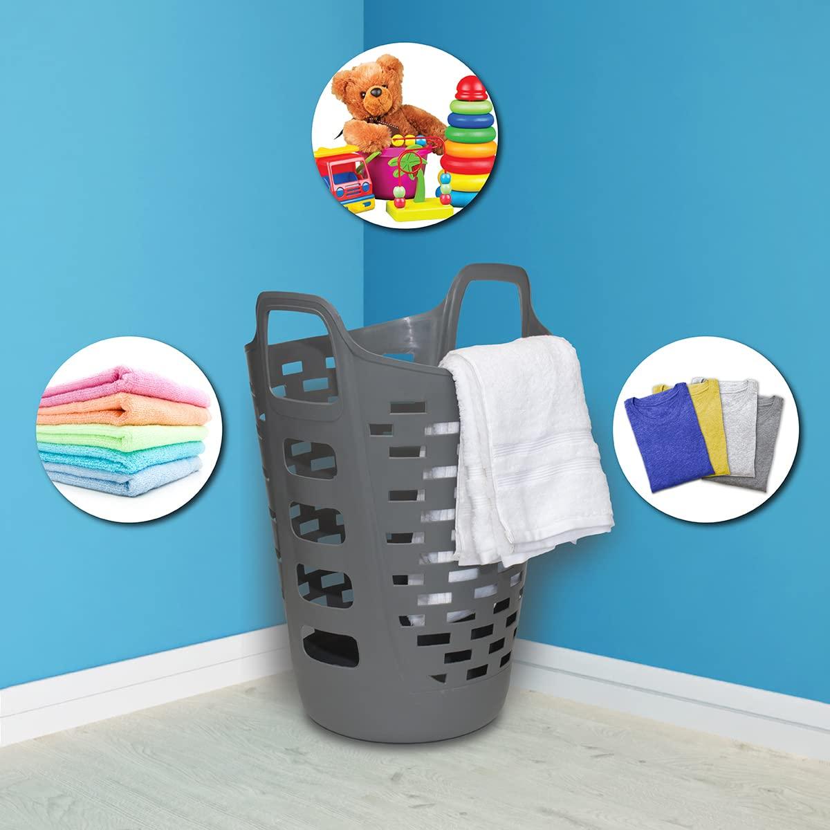 Clorox Flexible Laundry Basket - Tall Plastic Hamper for Clothes, Bedroom, and Storage - Portable Round Bin with Carry Handles, 2 Bushel, Grey - Image 5