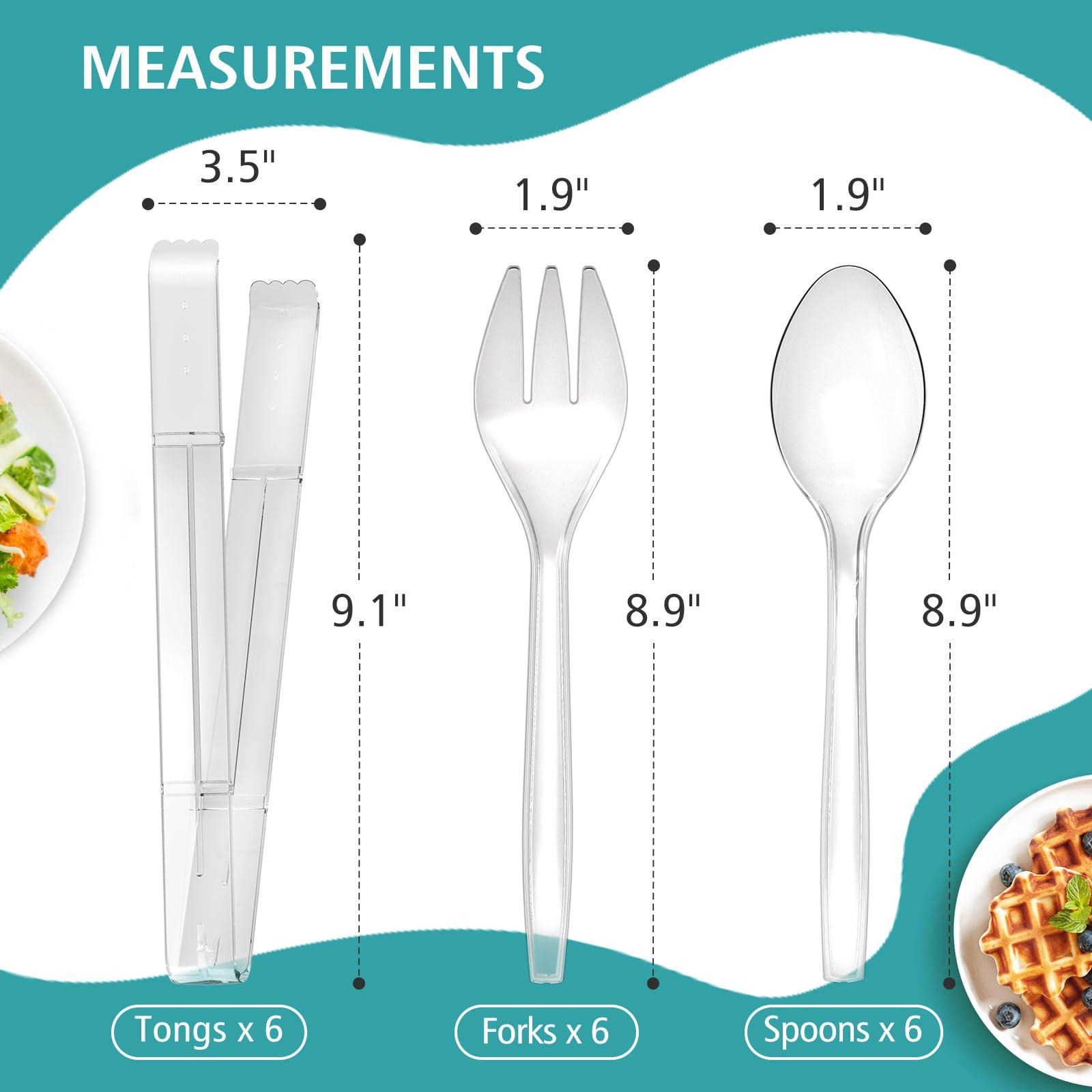 Plastic Serving Utensils, 9" Clear Disposable Utensils 18 Pack, 6 Serving Tongs, Spoons, Forks - Image 3