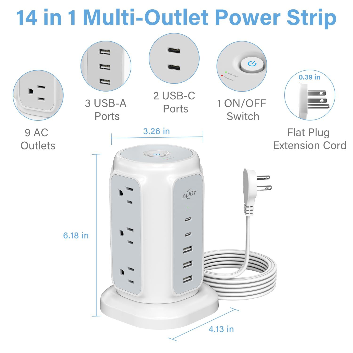 Flat Plug Power Strip Tower with 9 Outlets and 5 USB Ports (2 USB C), AiJoy 1200J Surge Protector Tower with 6.5 Feet 1625W/13A Extension Cord with Multiple Outlets for Home Office Dorm - Image 2