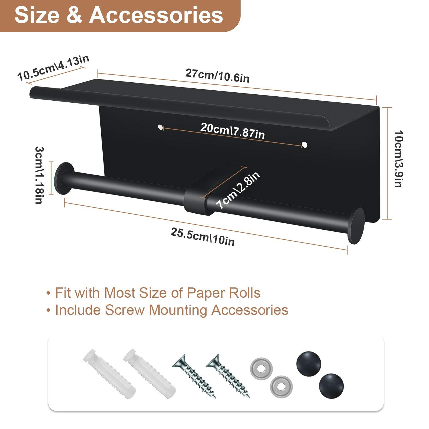 Toilet Paper Holder with Shelf Wall Mounted Toilet Paper Storage, Double Roll Tissue Holder Dispenser Bathroom Toilet Paper Holder (Matte Black) - Image 2