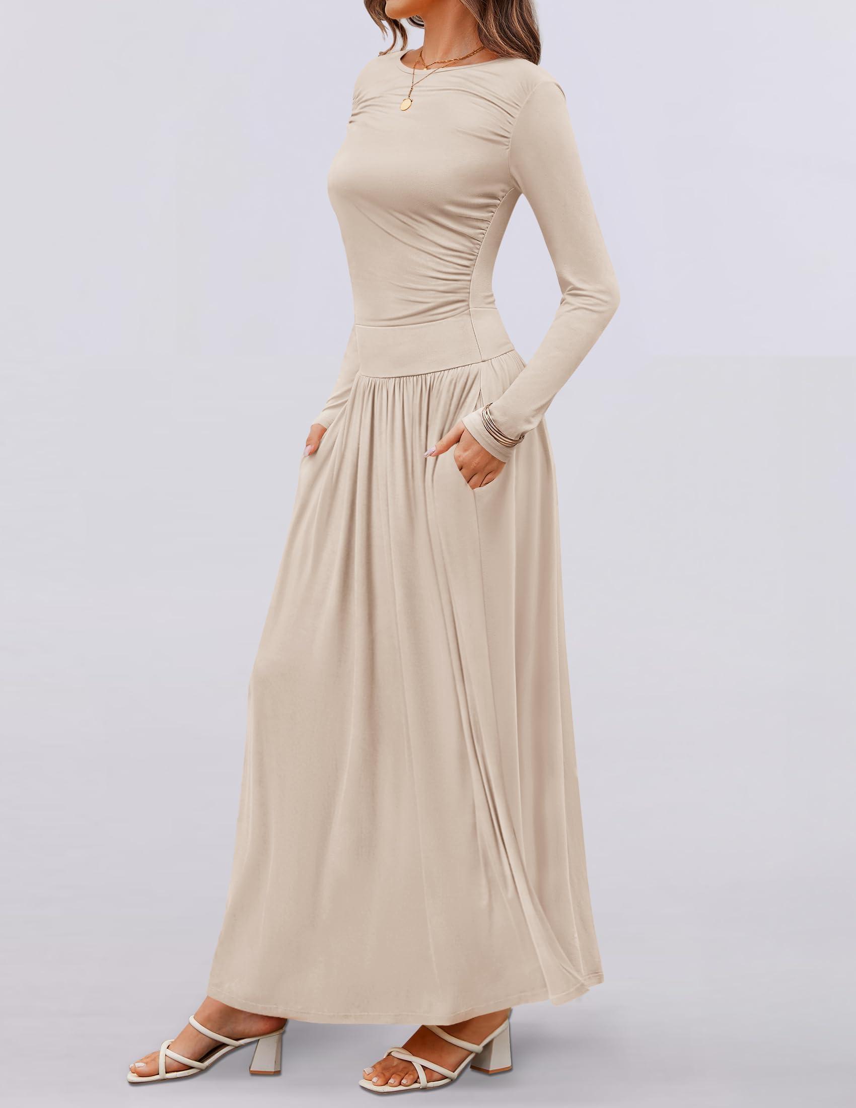ZESICA Women's Long Sleeve Spring Maxi Dress 2025 Crewneck Knit Casual Slim Swing Pleated Dresses with Pockets - Image 7