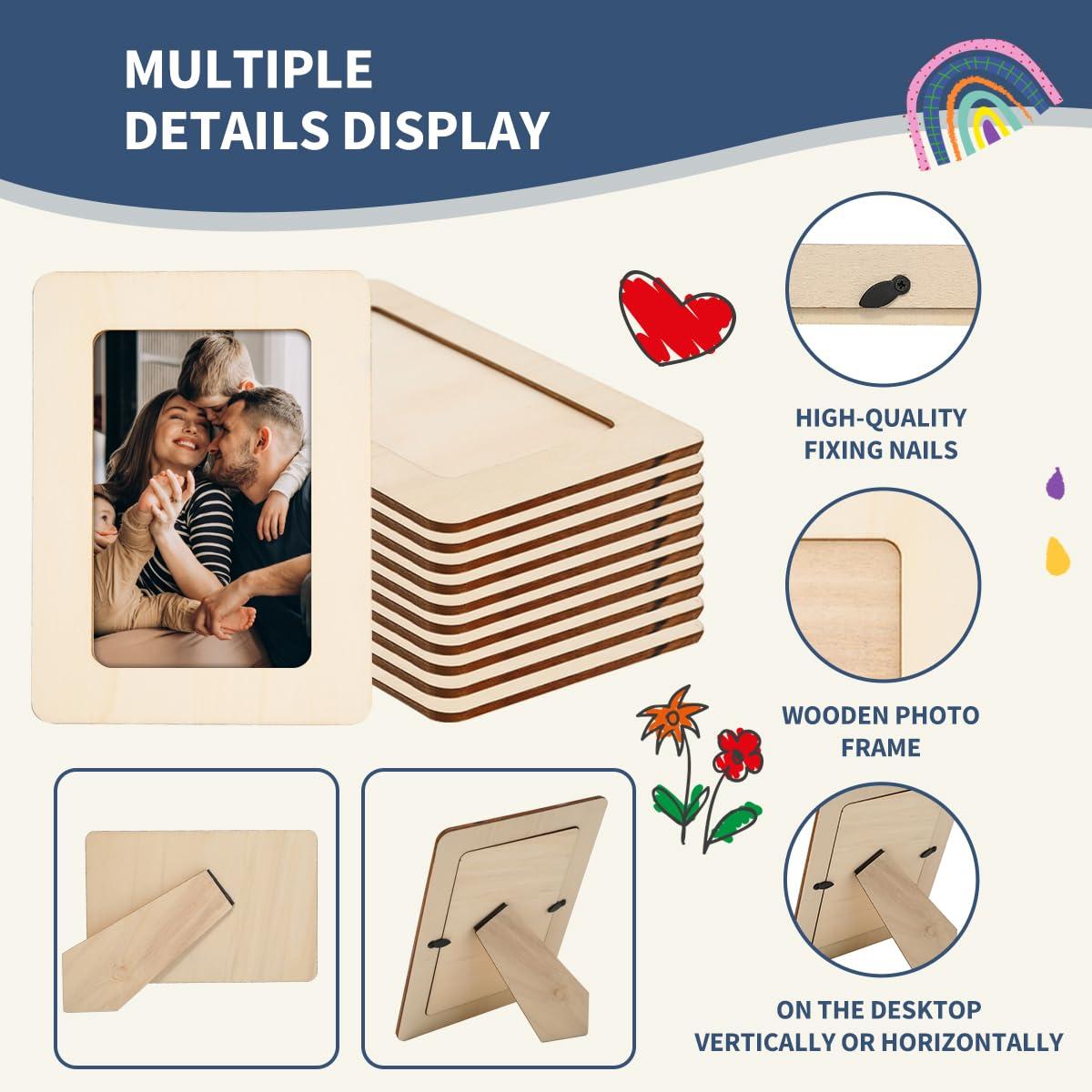 zjdbset Picture Frame Painting Craft Kit for 4 * 6 Photo,10Pcs DIY Unfinished Wooden Picture Frames with 12Pcs Painting Color Pen 4 Sheets Crystal Diamond Stickers for DIY Craft - Image 4
