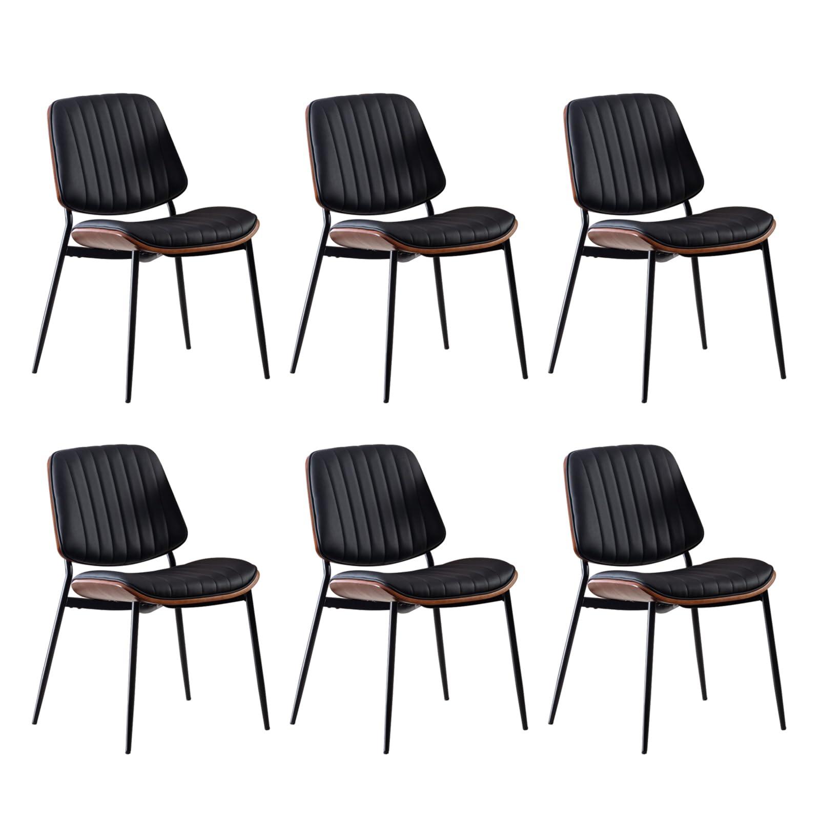 SOARMOTE Dining Chairs Set of 6, Upholstered Mid-Century Modern Dining Room and Kitchen Chairs with Walnut Backrest,Retro Accent PU Leather Side Chairs with Metal Legs,Black - Image 8