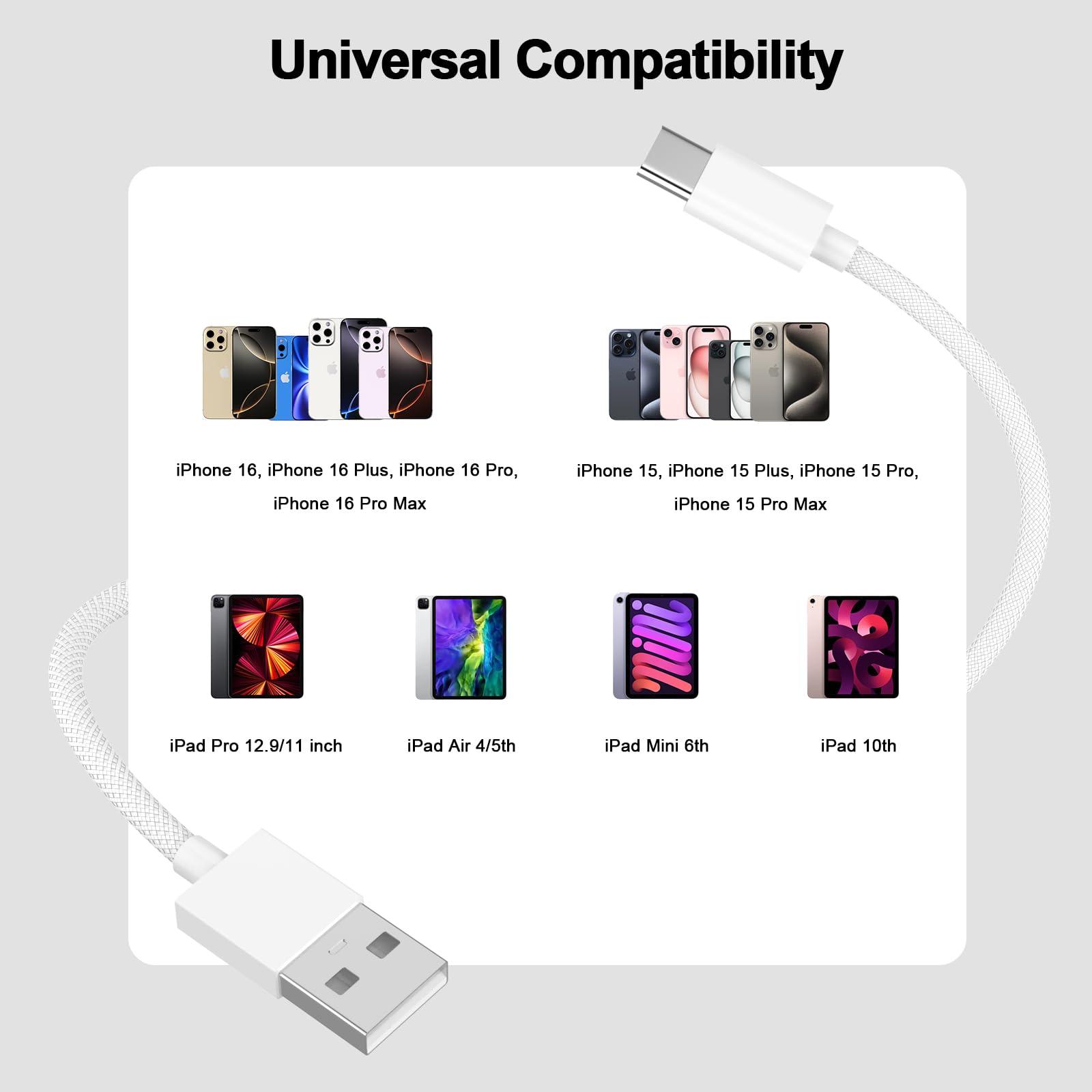 [Apple MFi Certified] Car Carplay Cable, 2 Pack Woven USB to USB C Car Charger Cord Compatible for iPhone 16/16 Plus/16 Pro/16 Pro Max/15/15 Plus/15 Pro/15 Pro Max, 6ft White - Image 4