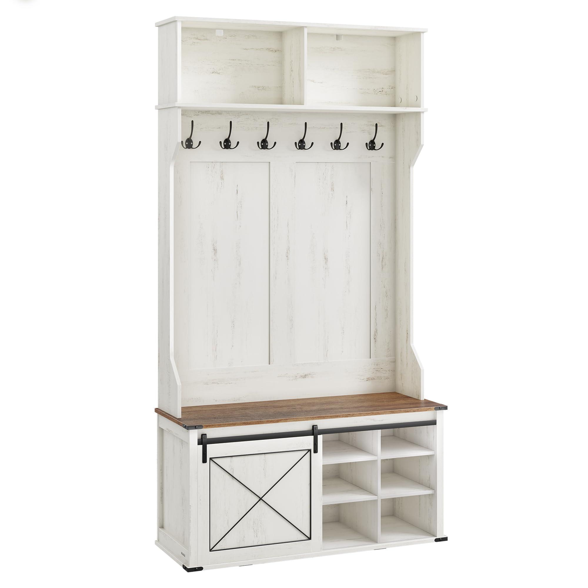 VASAGLE Hall Tree with Bench and Shoe Storage, Coat Rack with Shoe Bench, Entryway Furniture, 6 Tri-Hooks, Sliding Door, Farmfouse Style, Space Saving, Rustic White and Honey Brown UHSR442W01 - Image 7