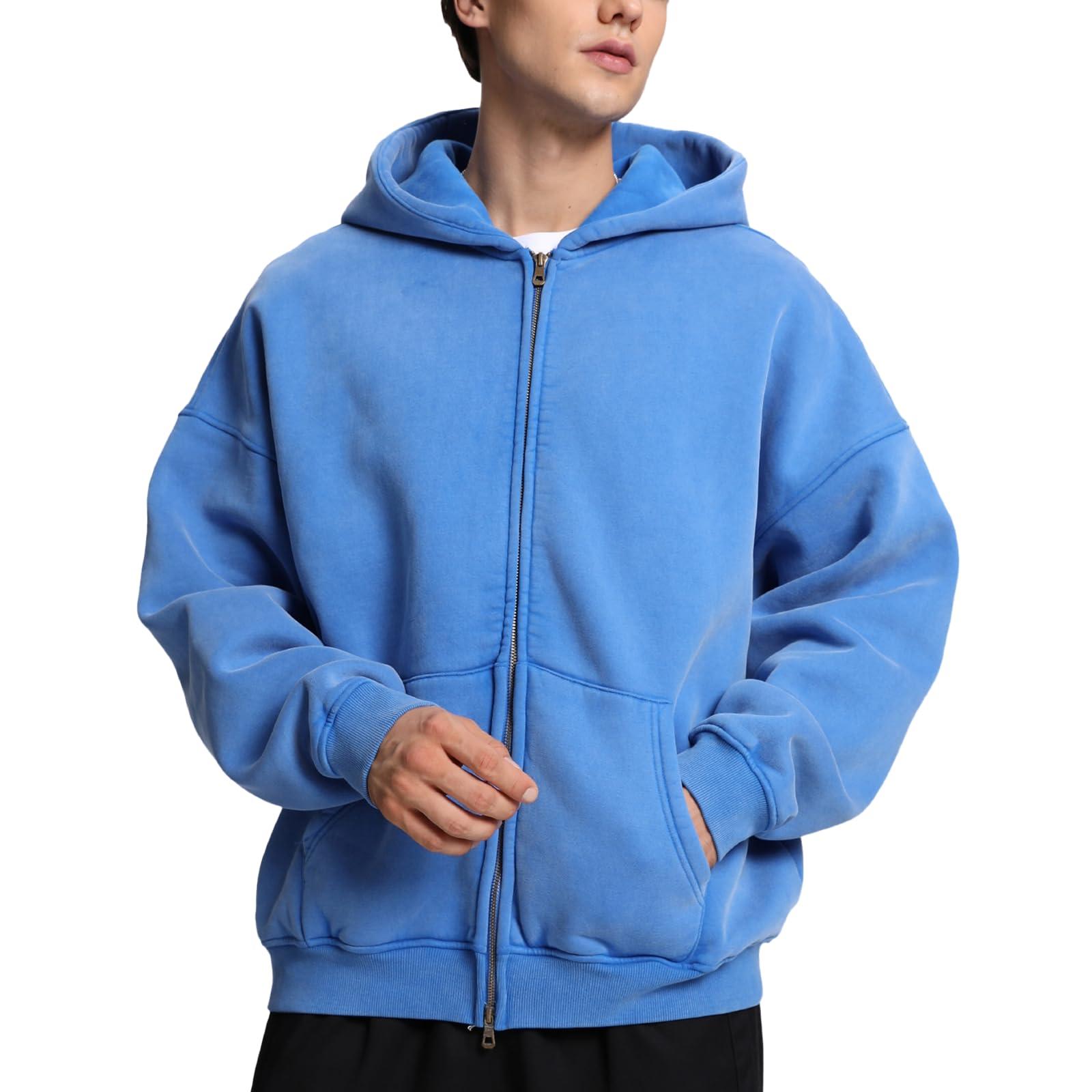 FAIABLE Mens Womens Double Zip Up Hoodie Oversized Acid Wash Heavyweight Fleece Cotton Zipper Hoodie Vintage