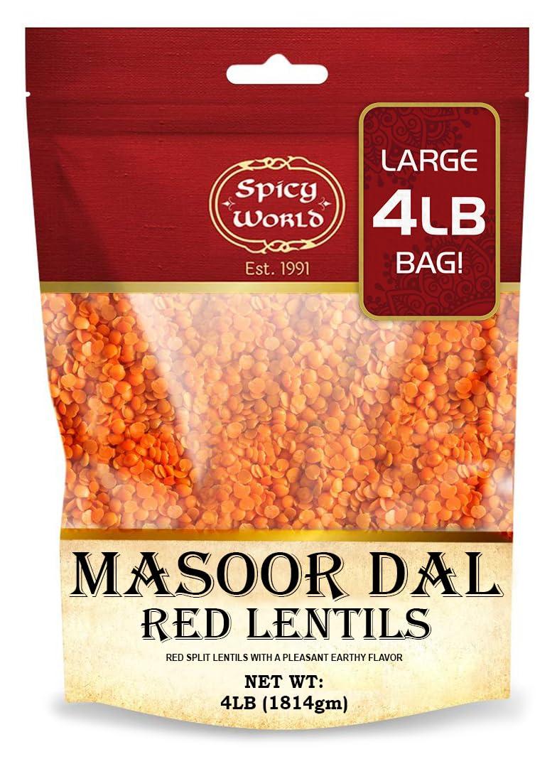 Masoor Dal 4 Pound Bag - Split Red Lentils Dry - All Natural, Pure, Vegan - Resealable Bag by Spicy World