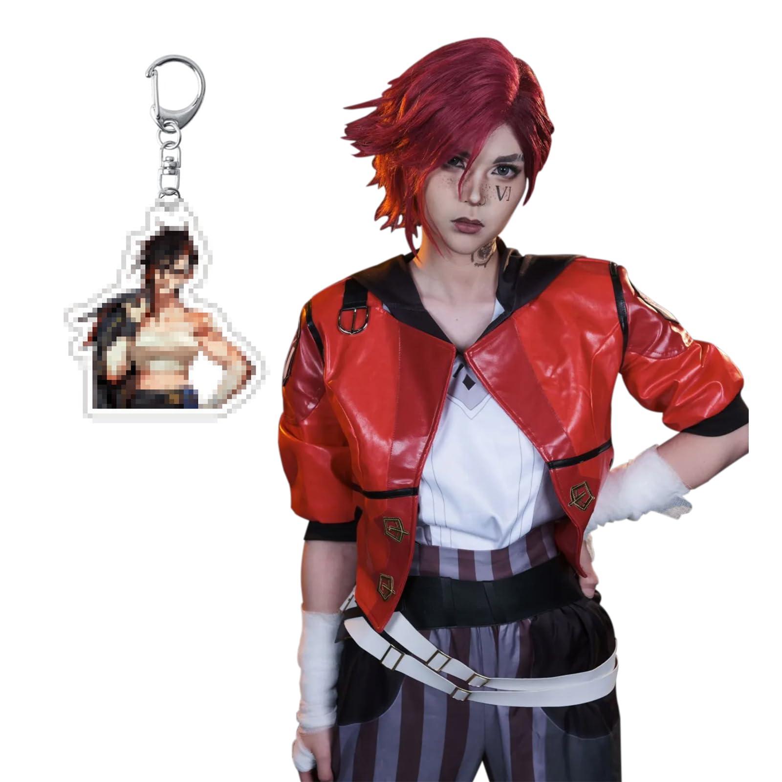 Women's Red Leather Anime Cosplay Jacket Full Set with Gradient Wig