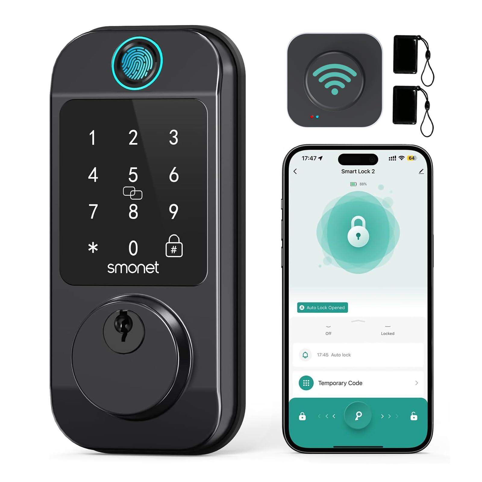 Smart Locks WiFi Deadbolt: SMONET Fingerprint Front Door Lock Keyless Entry with Keypad Electronic Digital Deadbolt Alexa Gateway Remote Control, Bluetooth APP KeyFob Code Auto-Lock for Home, Black