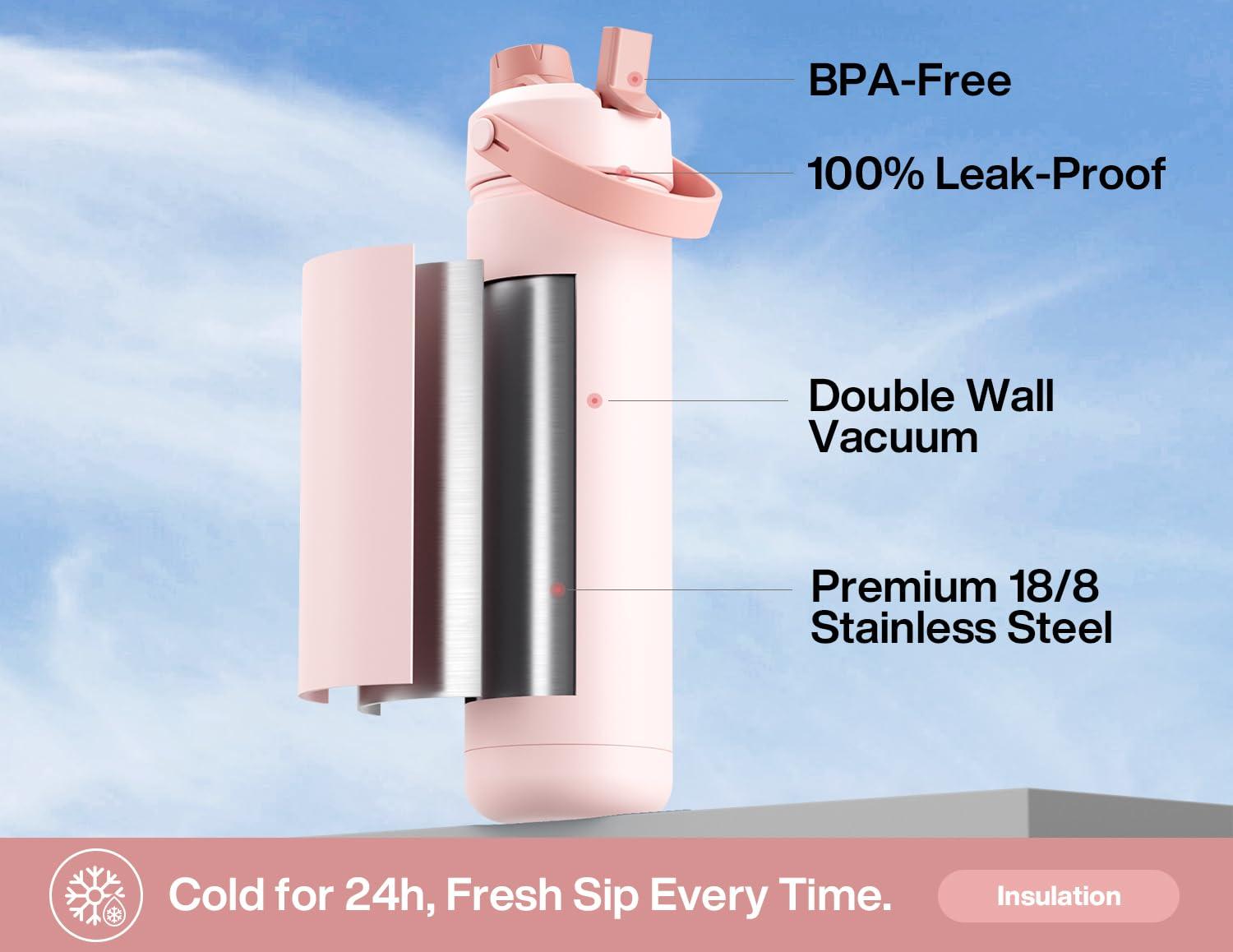 POWCAN 26 oz Insulated Water Bottle with 2-in-1 Straw and Spout Lid, Keep Cold 24H, Leak-Proof, Fits in Car Cup Holder, Stainless Steel Water Bottle for Sports, Travel, and School (Cotton Candy) - Image 4