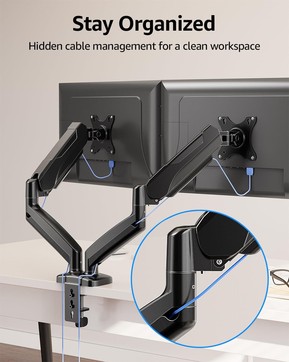 MOUNTUP Dual Monitor Stand for Desk, Pneumatic Monitor Arms for 2 Monitors Max 32 Inches, Height Adjustable Double Monitor Mount, VESA Mounts with C-Clamp & Grommet Base, Holds 4.4-17.6lbs, Black - Image 9