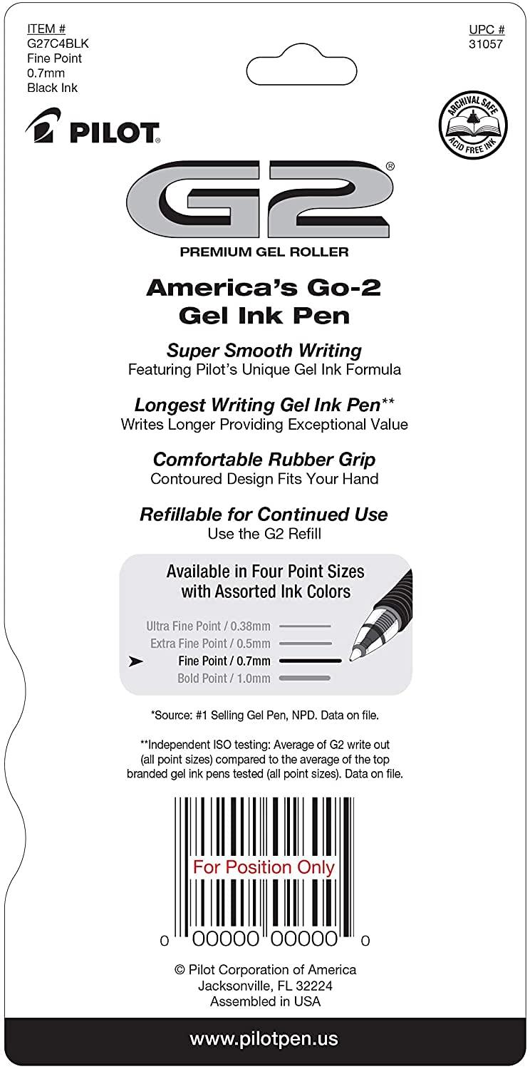 Pilot G2 Premium Gel Roller Pens 0.7, Fine Point Smooth Writing Pens Black, Pack of 4 - Image 4