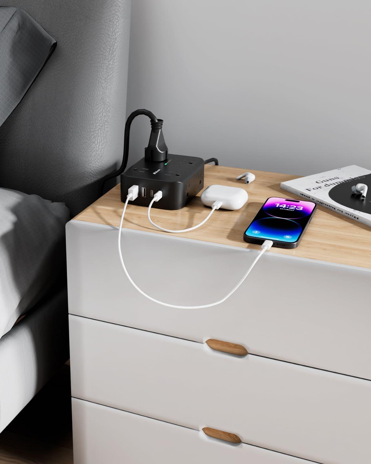 Power Strip Surge Protector - Flat Plug, Wall Mount, 8 Wide Outlets with 4 USB Ports (2 USB C), 5FT Heavy Duty Extension Cord with Multiple Outlets, Charging Station Overload Protection for Home Dorm - Image 8